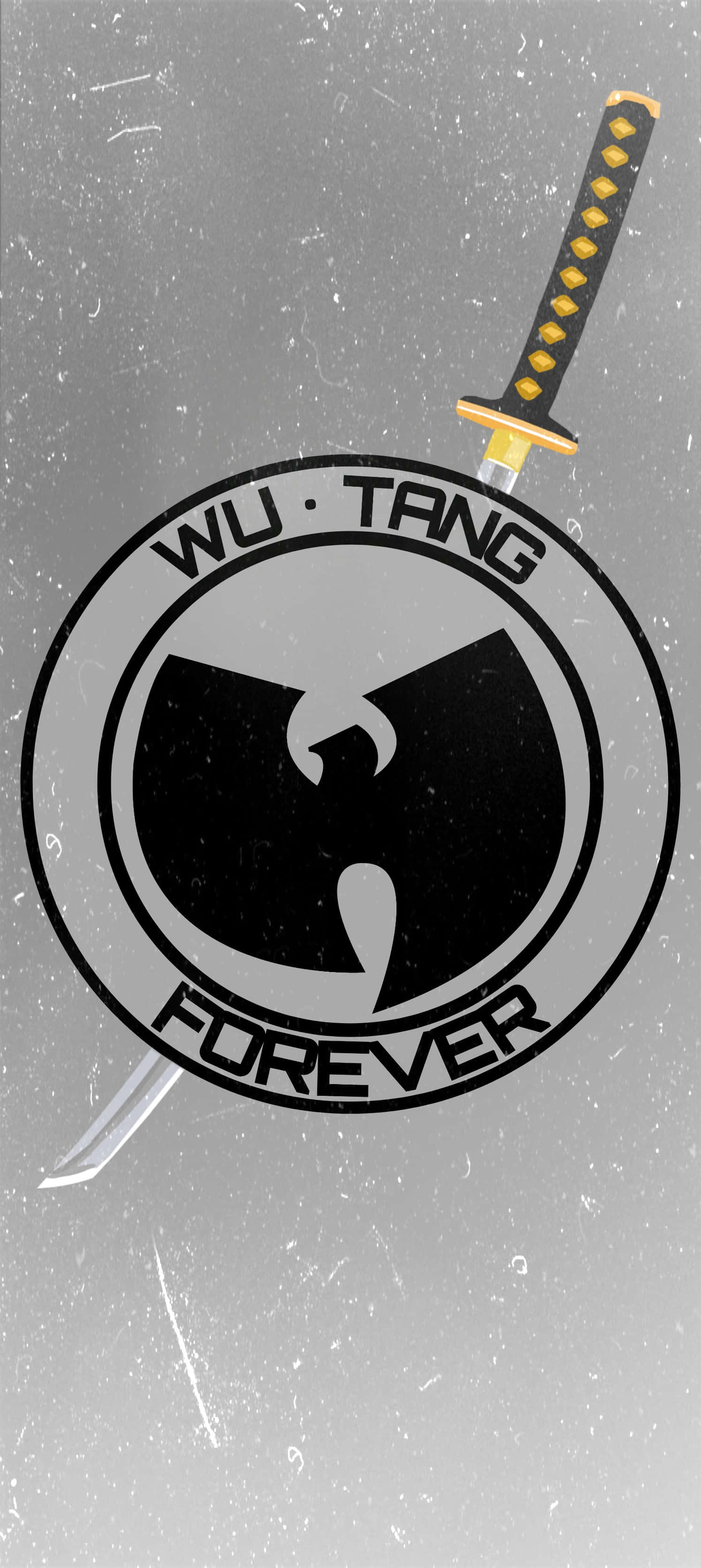 桌布 壁紙 — 一把武士刀刺穿了武當幫的標誌，背景是粗糙的灰色，帶有刮痕和斑點。