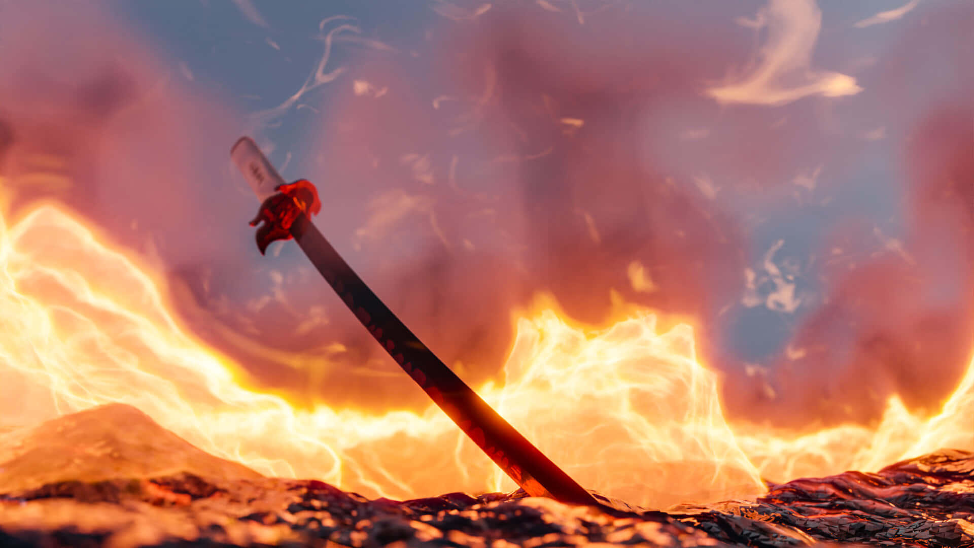 Rengoku Sword 桌布 壁紙 — 一把武士刀直立於熾熱的熔岩中，背後是發光的橙色火焰和煙霧繚繞的暮色天空。