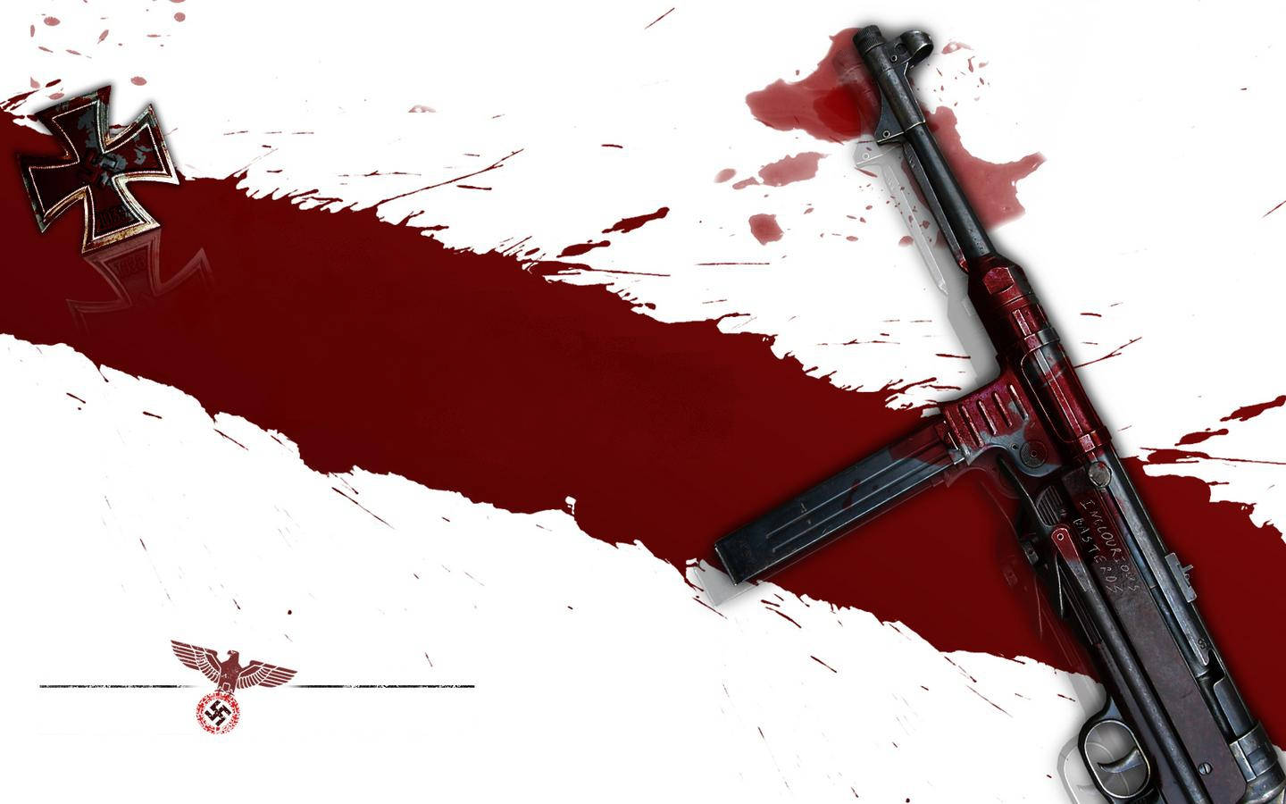 Inglourious Basterds 桌布 壁紙 — 一把沾滿血跡的德國MP40衝鋒槍放在白色背景上，帶有紅色污跡和納粹標誌。