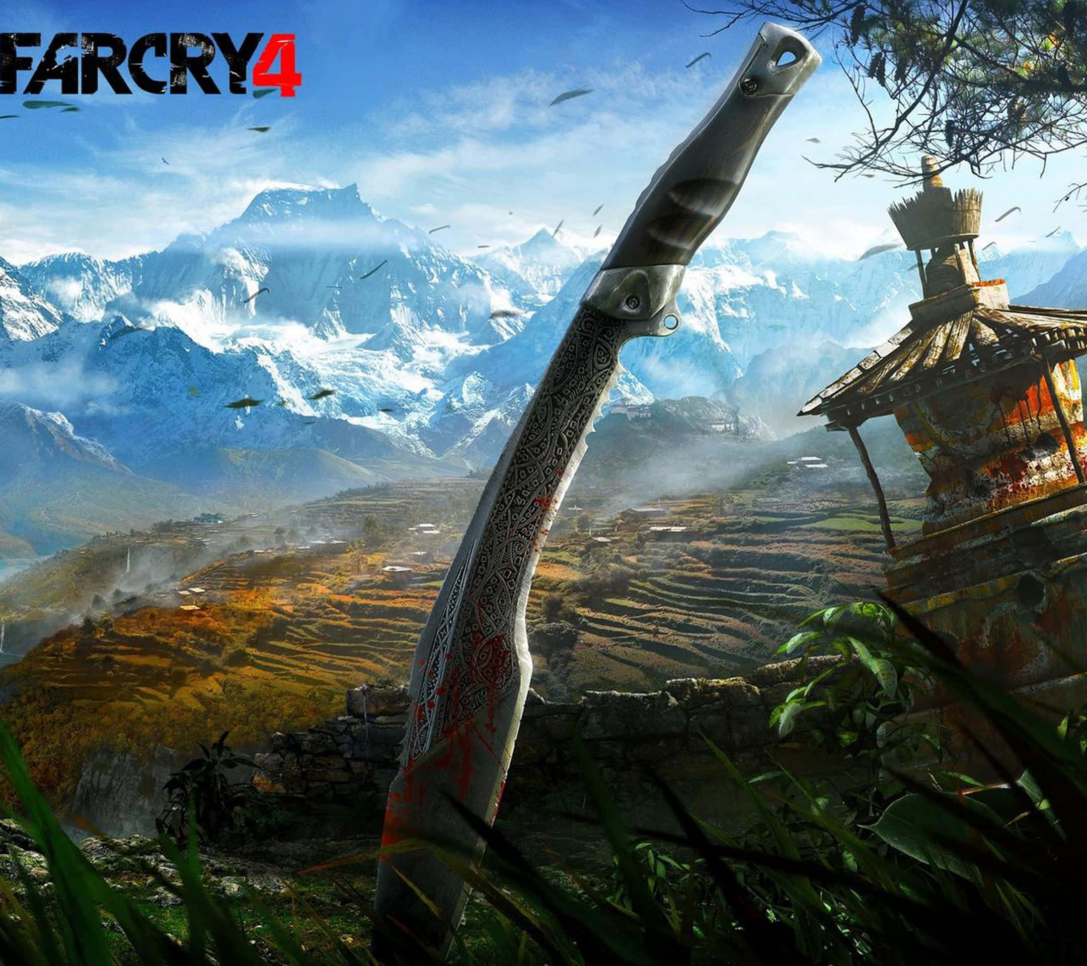 Far Cry 4 桌布 壁紙 — 一把沾滿血跡的華麗刀子直立於草地上，俯瞰著梯田山丘和積雪覆蓋的山脈，背景是明亮的藍天。