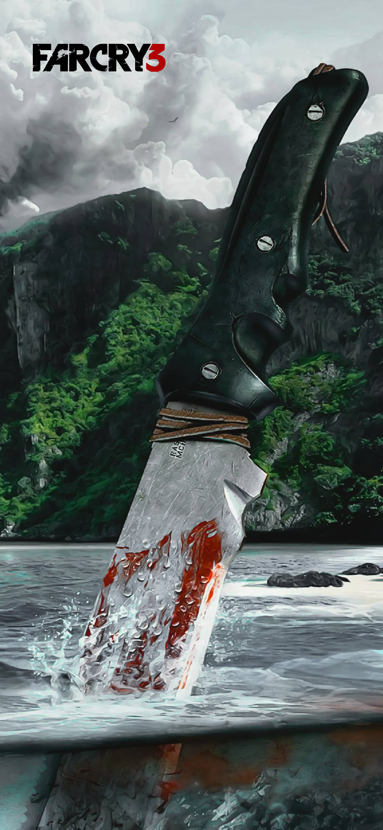 far cry iPhone 桌布 壁紙 — 一把沾滿鮮血的刀插在湍急的水中，背景是風暴天空下的叢林懸崖。