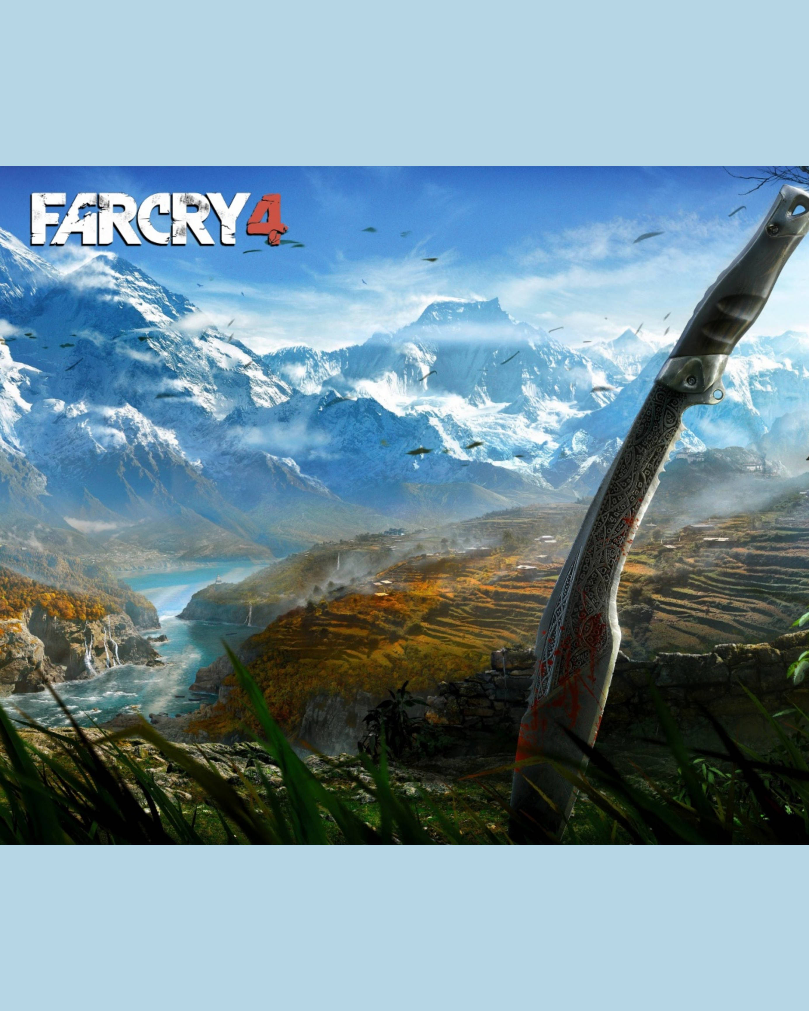 far cry iPhone 桌布 壁紙 — 一把沾血的刀擱在草地上，俯瞰著一個山谷，山谷中有積雪的山峰和蜿蜒的河流，上方是明亮的藍天。