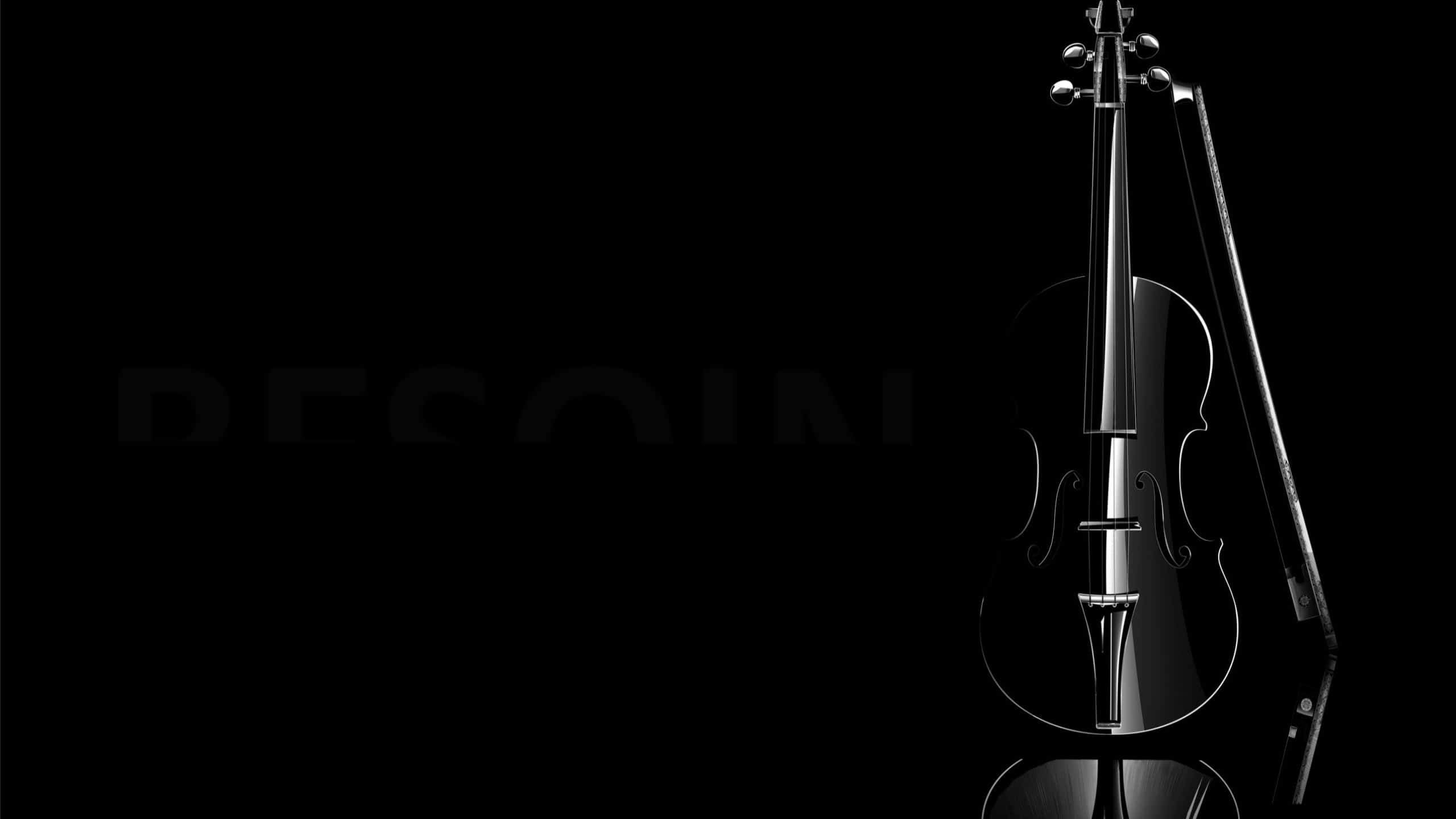 2560x1440 Black 桌布 壁紙 — 一把流暢的小提琴和琴弓在虛空中以強烈的黑白對比呈現，並在光滑表面上微妙地反射。