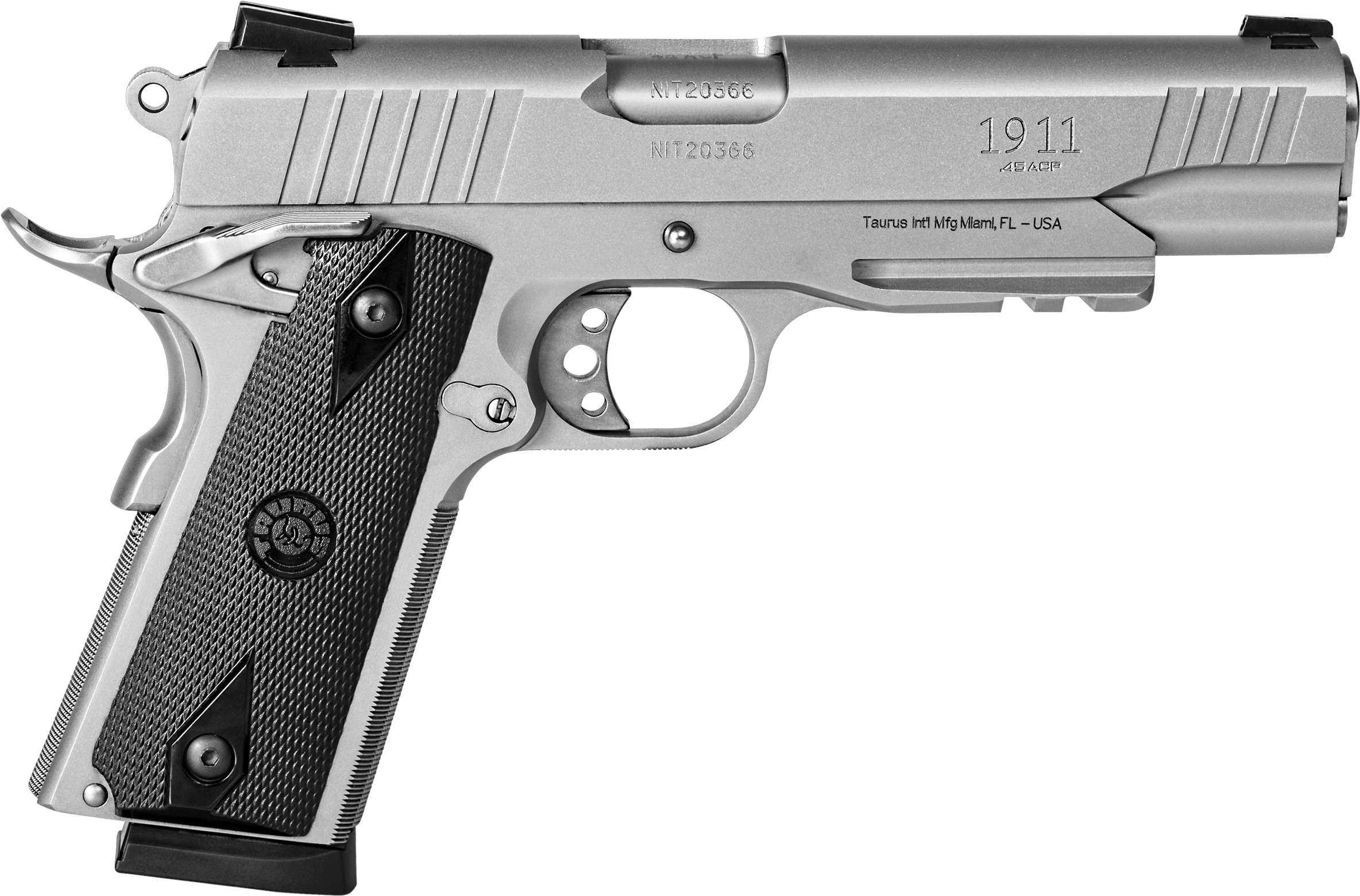 taurus 桌布 壁紙 — 一把流線型的銀色1911手槍，帶有紋理握把和雕刻細節，孤立在純黑色背景上。