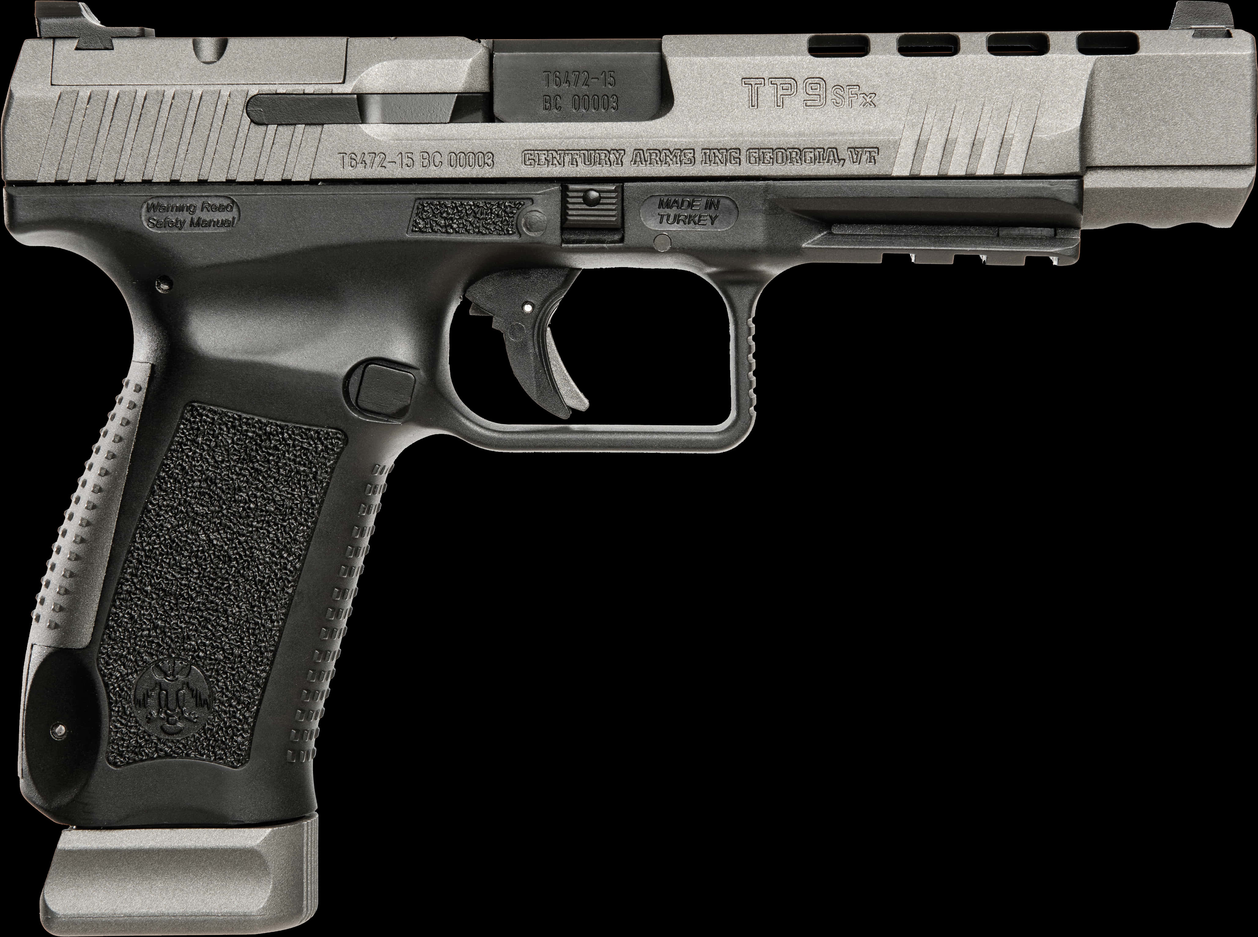 Weapons 桌布 壁紙 — 一把流線型的銀色和黑色Taurus TP9SFx手槍，在純黑色背景上以側面輪廓展示。