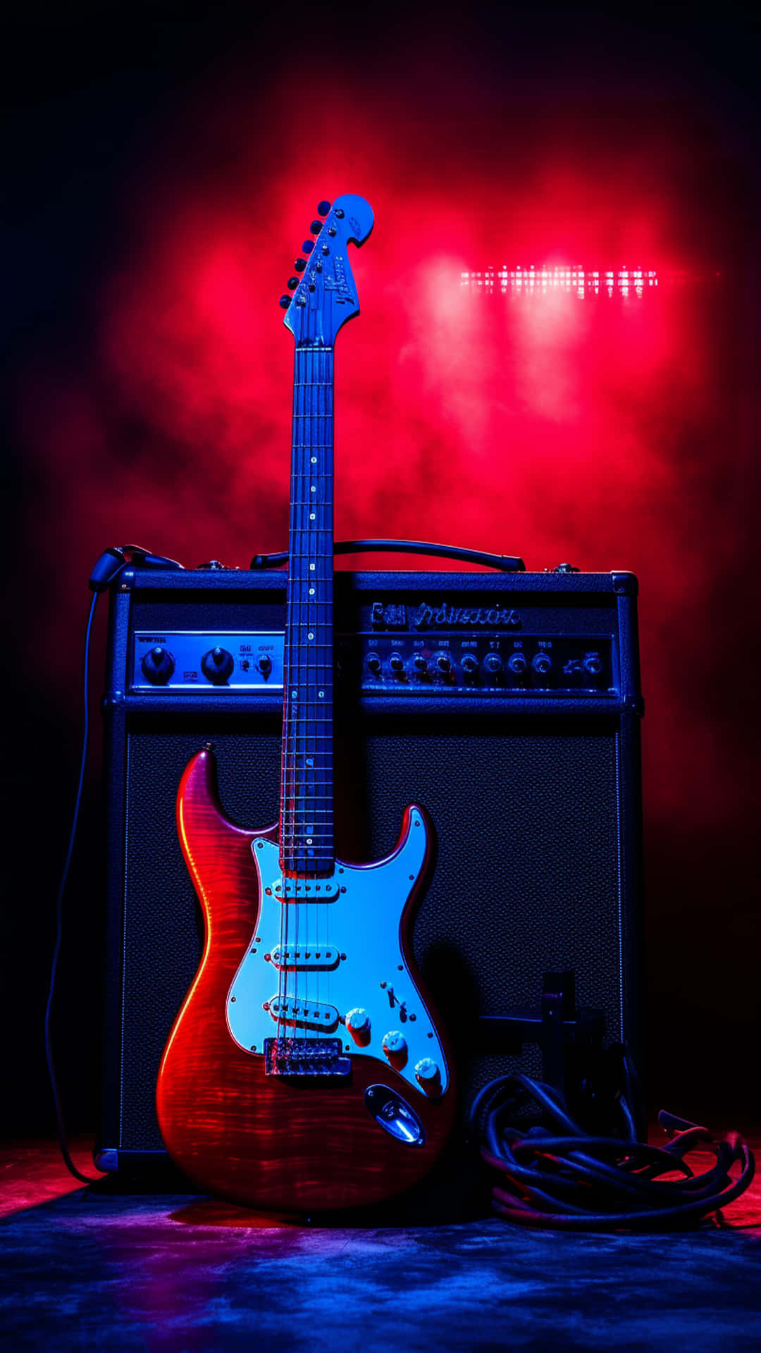 Colorful guitar and neon background 壁紙 — 一把漸變色電吉他靠在黑色擴音器上，在戲劇性的紅色和藍色舞台燈光下。