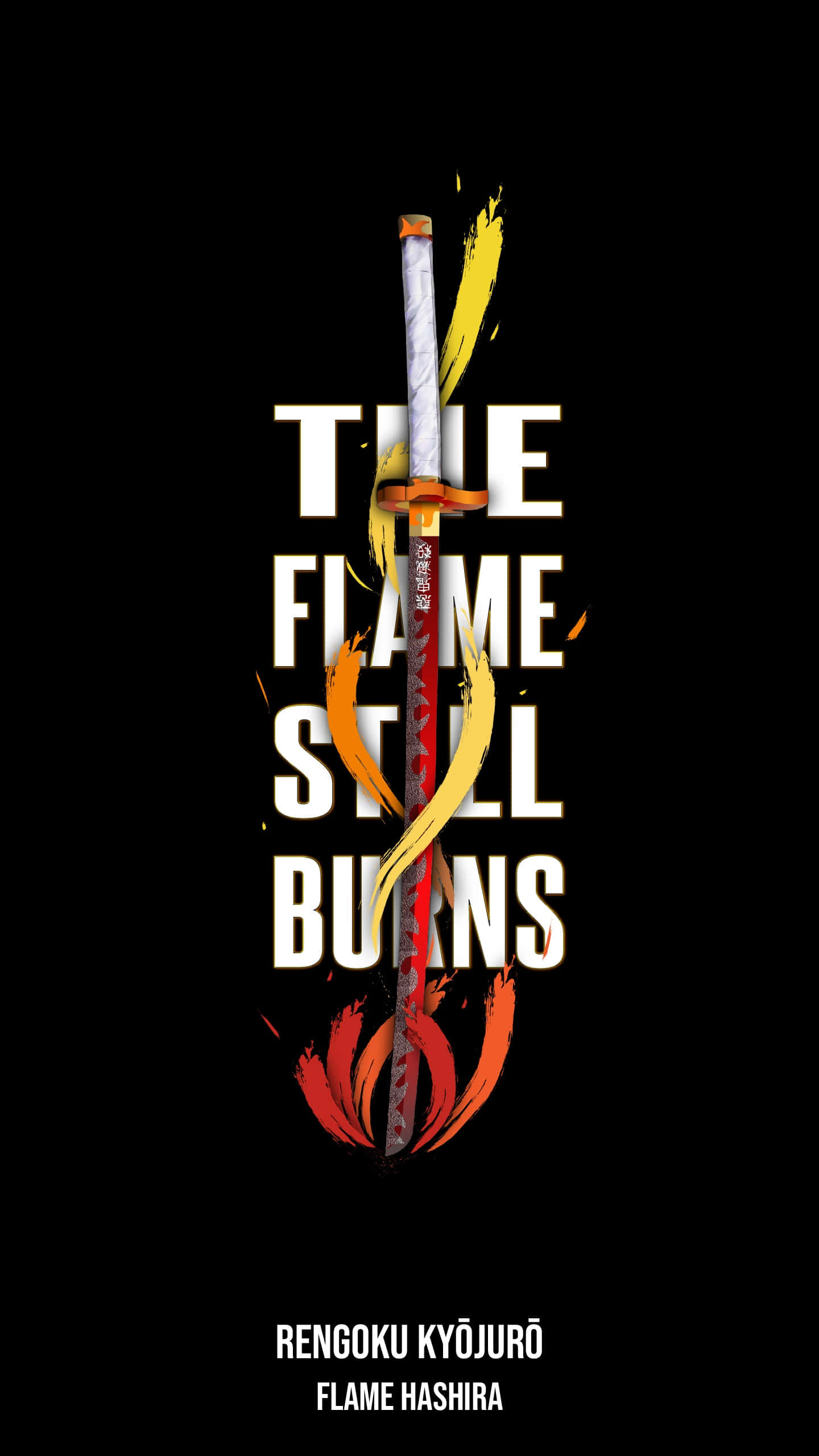 Rengoku Sword 桌布 壁紙 — 一把火焰劍刺穿黑色背景上的粗體白色文字，帶有動態火焰點綴。