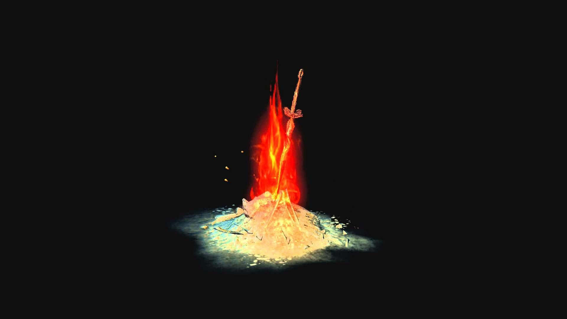 Dark Souls Bonfire 桌布 壁紙 — 一把火焰劍從發光的營火中噴出，背景是漆黑虛空，向周圍的灰燼投下詭異的光芒。