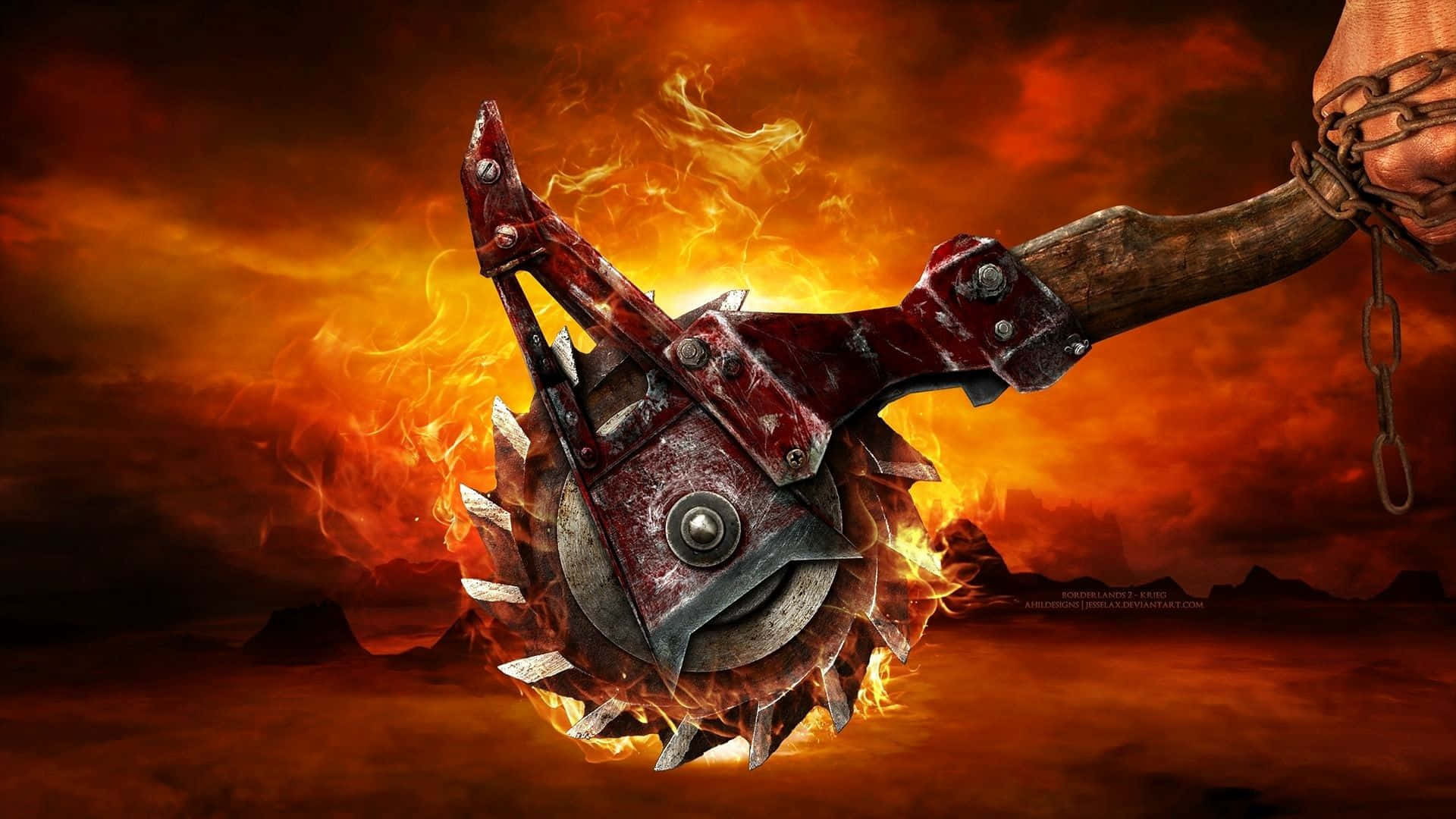 Borderlands 3 桌布 壁紙 — 一把火熱的鏈鋸斧在地獄般的橙色天空和鋸齒狀山脈下發光。