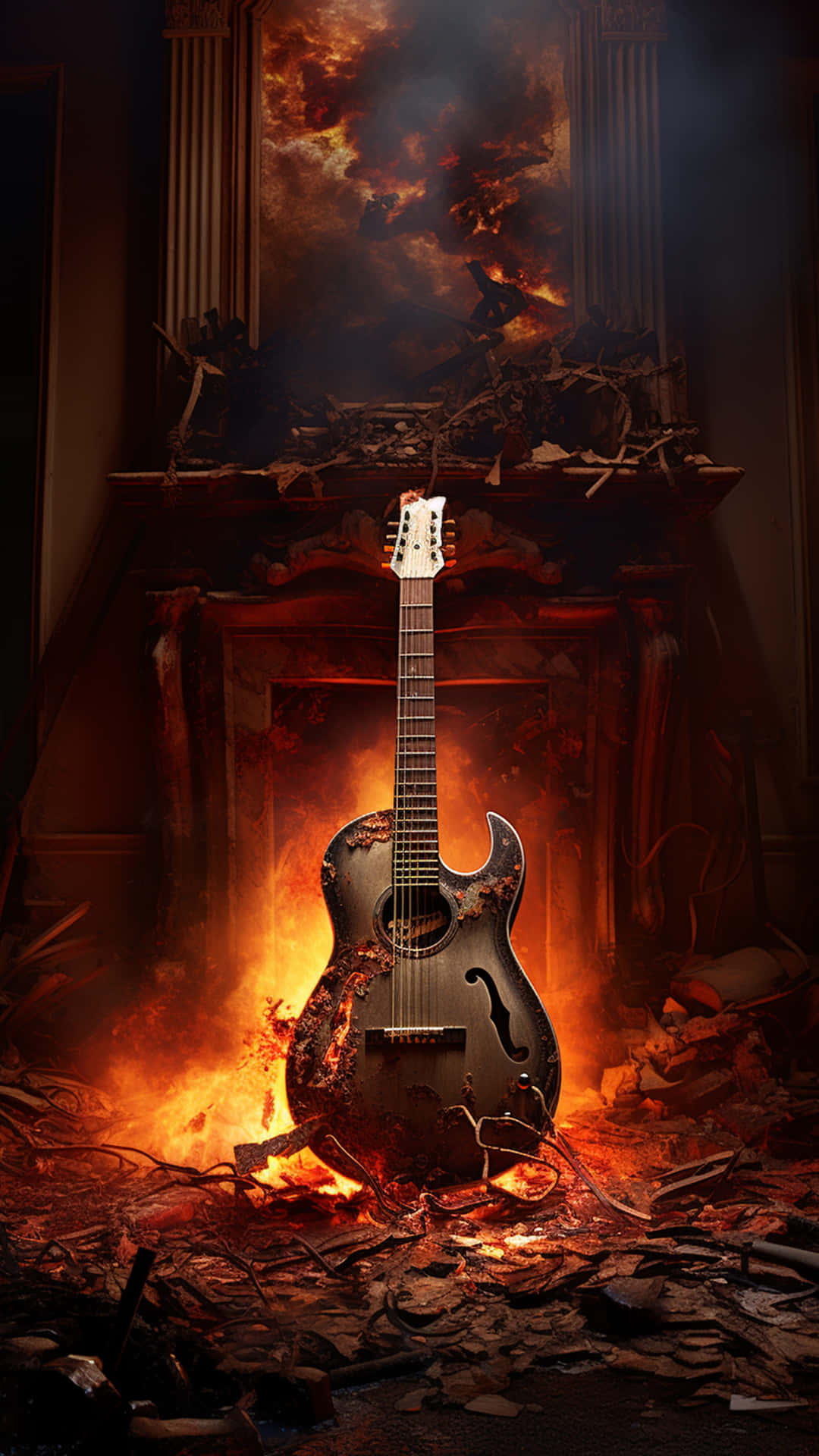 Electric guitar on colorful. Isolated on fire. 壁紙 — 一把燒焦的木吉他直立於燃燒的廢墟中，火焰舔舐其底部，背後是破碎的壁爐。