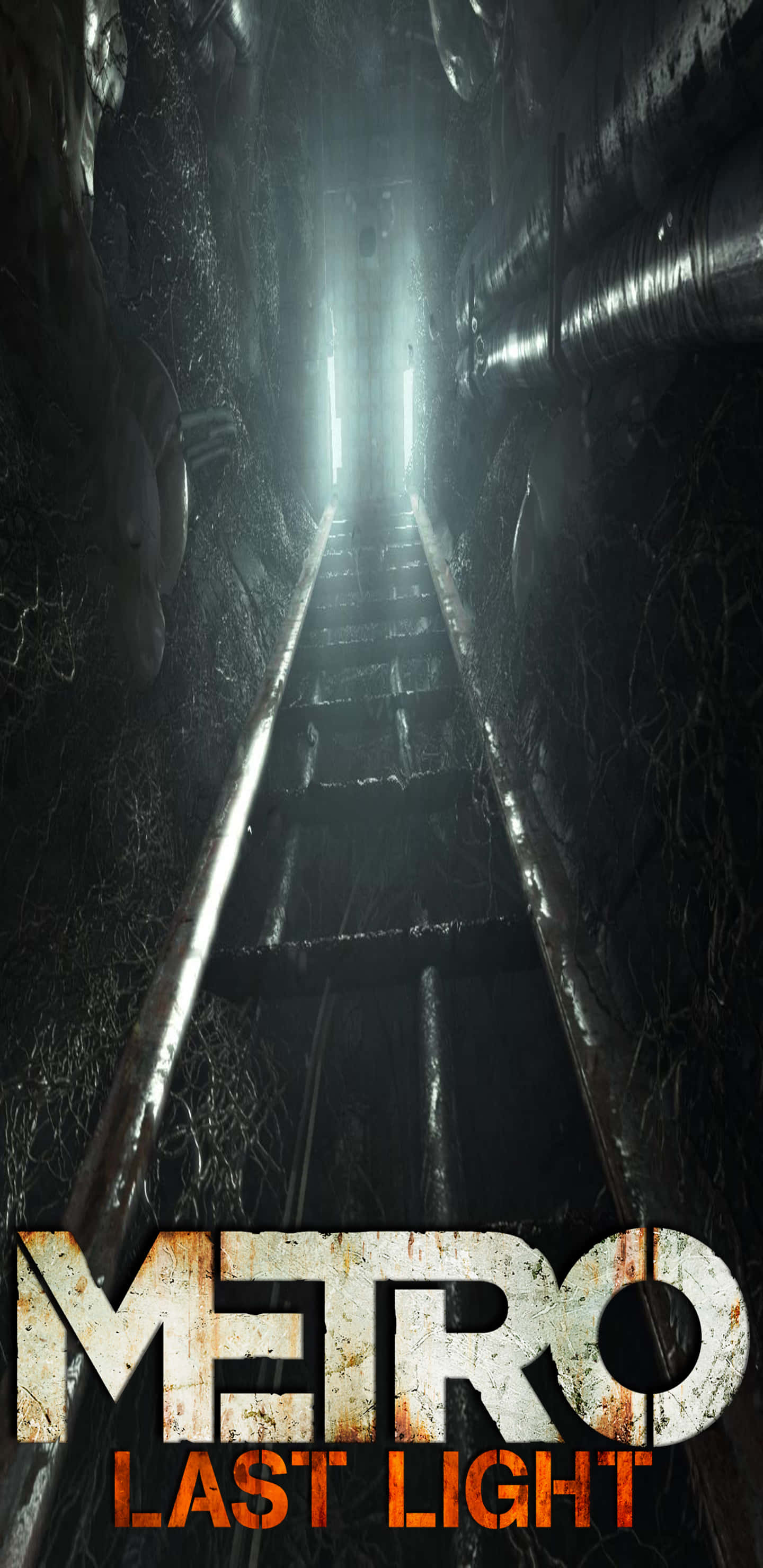 電玩遊戲 桌布 壁紙 — 一把生鏽的梯子穿過黑暗、雜草叢生的地鐵隧道，向著遠處發光的光線上升。