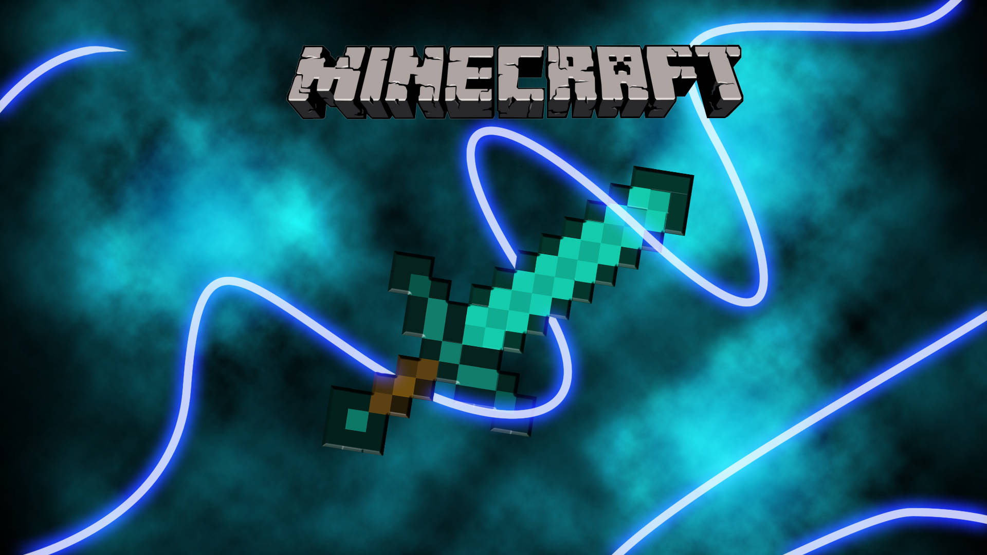 霓虹藍動畫 桌布 壁紙 — 一把發光的Minecraft鑽石劍漂浮在霓虹藍線之間，背景是煙霧感的青綠色，上方有遊戲標誌。
