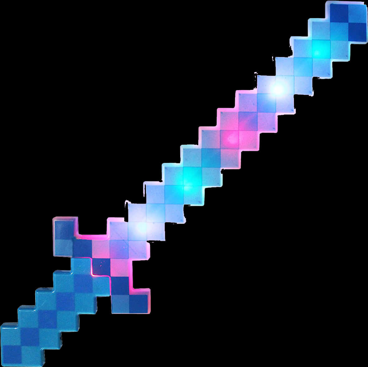 Minecraft Sword 桌布 壁紙 — 一把發光的像素化劍，帶有藍色和粉紅色的漸變方塊，背景為黑色。