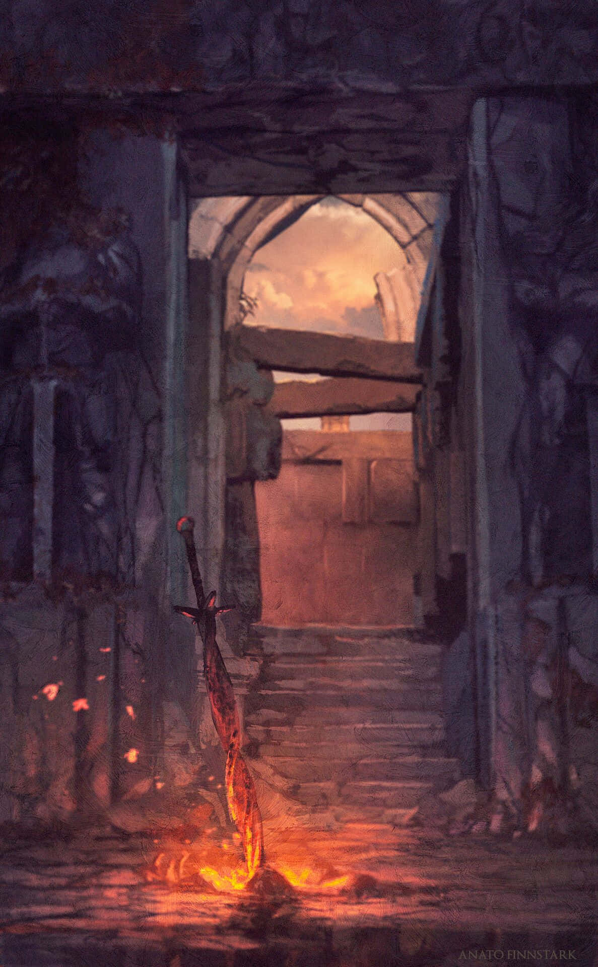 Dark Souls Bonfire 桌布 壁紙 — 一把發光的劍嵌在石頭中，矗立於一座破敗的拱門前，拱門後顯露出溫暖的日落。