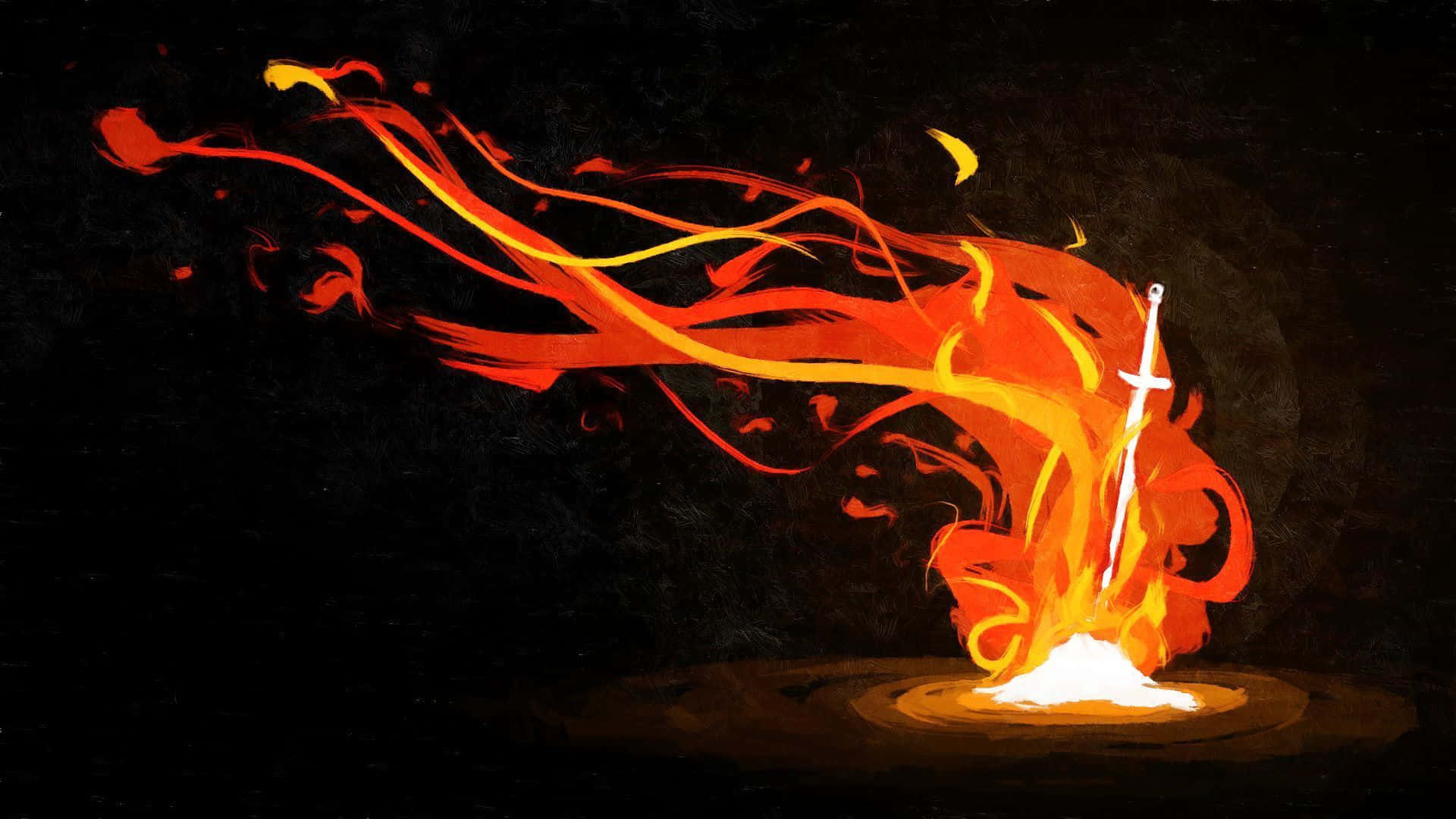 Dark Souls Bonfire 桌布 壁紙 — 一把發光的劍從一個燃燒的基座中噴出，背景是深色紋理，帶有動態的橙色和黃色火焰。