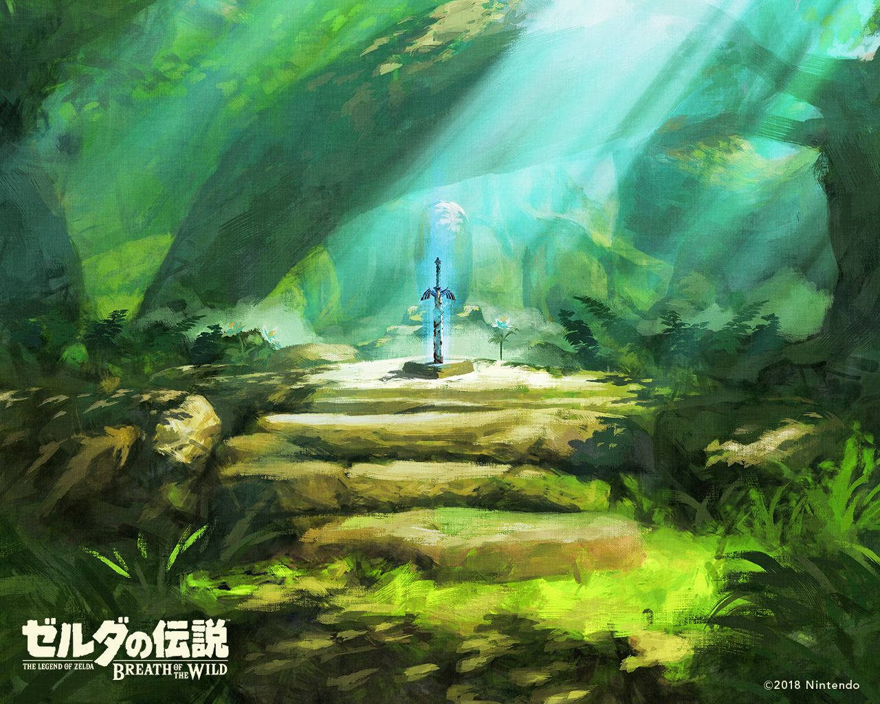 薩爾達傳說 桌布 壁紙 — 一把發光的劍立於石階上，身處一個被空靈陽光沐浴的茂密綠色森林洞穴中。