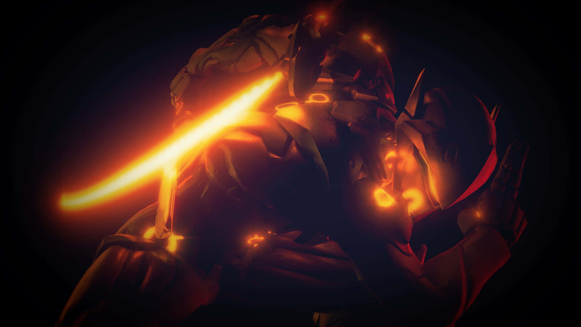 Overwatch Genji 桌布 壁紙 — 一把發光的橙色光劍劃破黑暗，一名身穿盔甲的戰士擺出動態戰鬥姿勢。