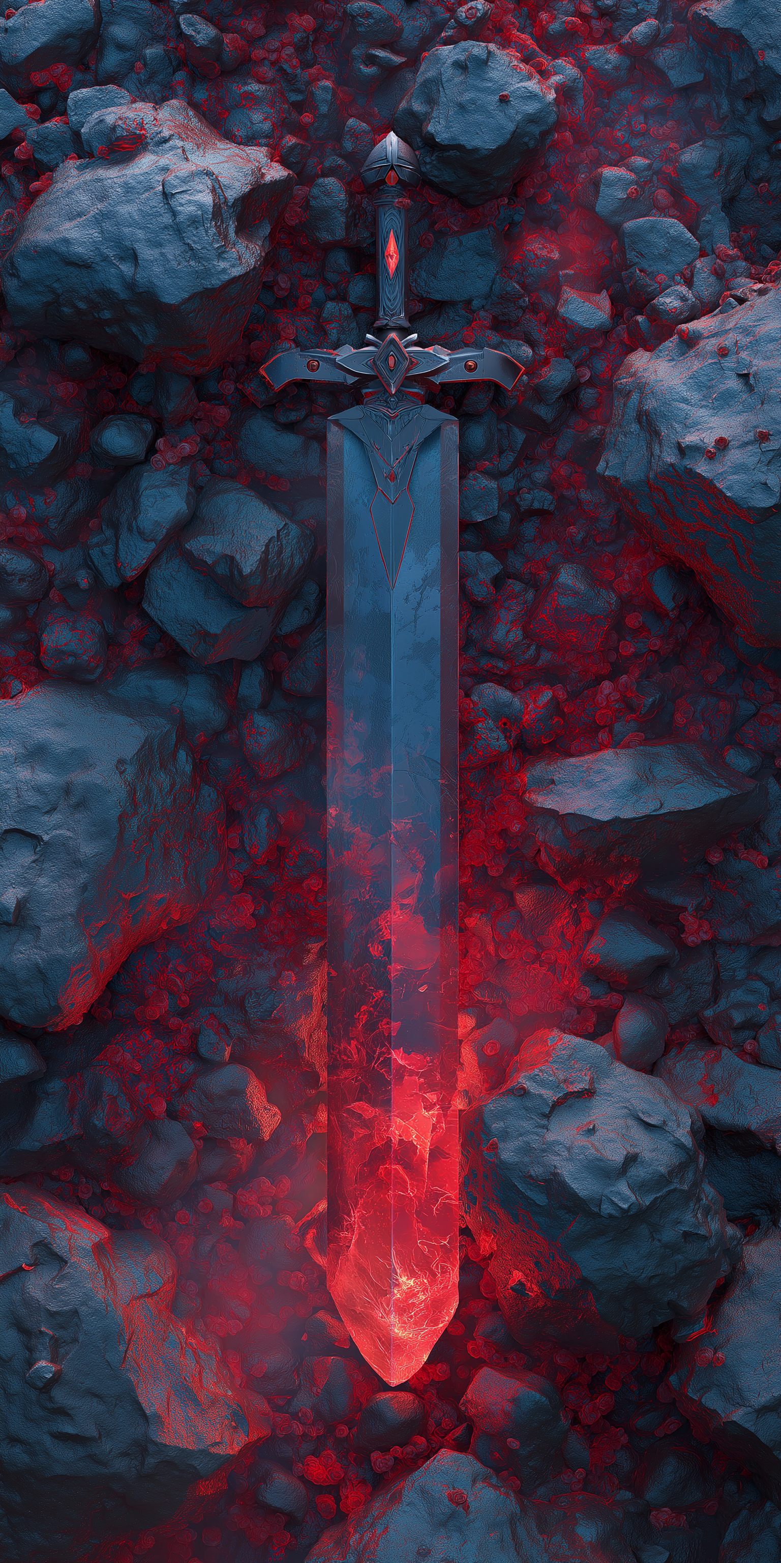 sword 桌布 壁紙 — 一把發光的紅色劍嵌入在黑暗的岩石中，從劍柄到劍刃散發出熾熱的能量。