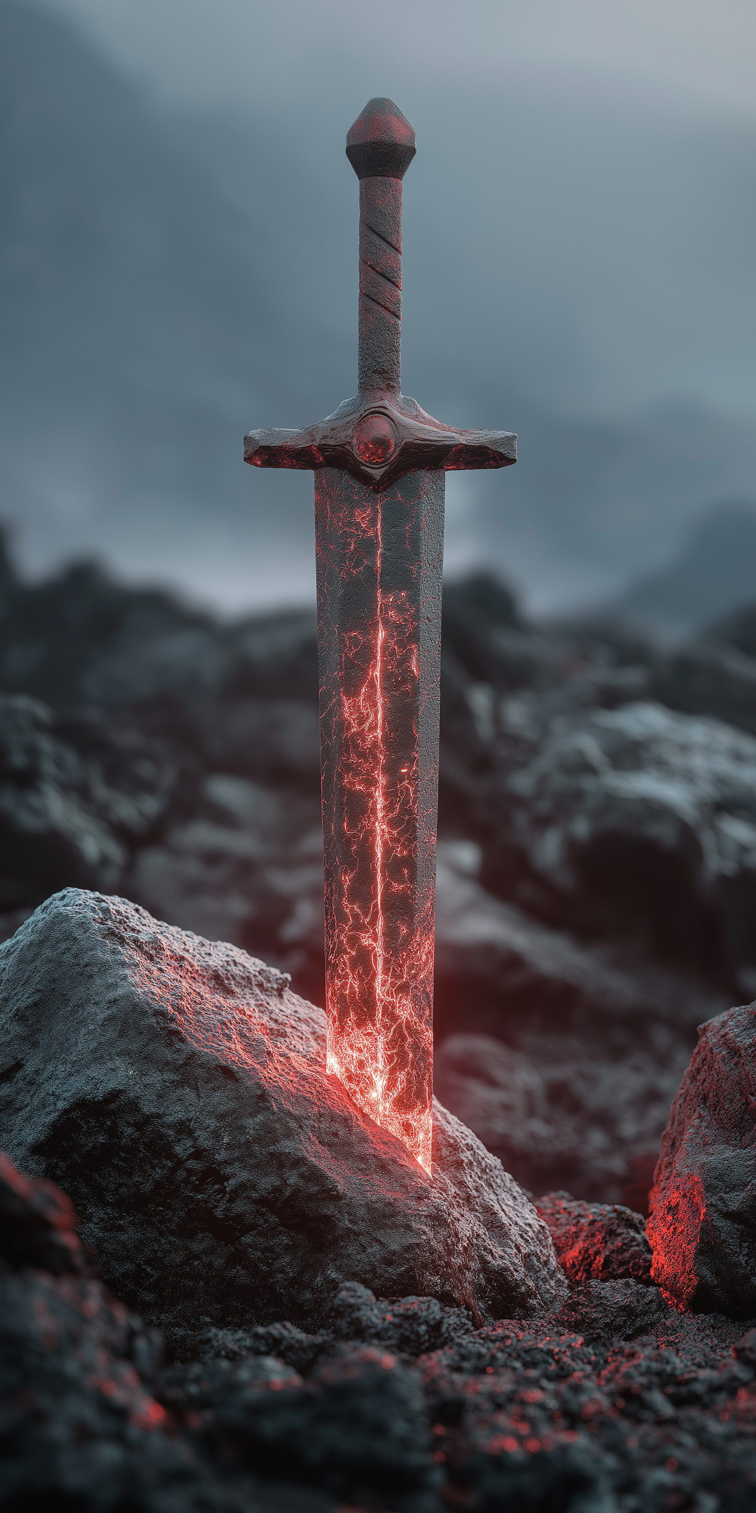 sword 桌布 壁紙 — 一把發光的紅色劍嵌入黑暗岩石中，熔岩脈流經劍刃，背景是霧氣繚繞的山脈。
