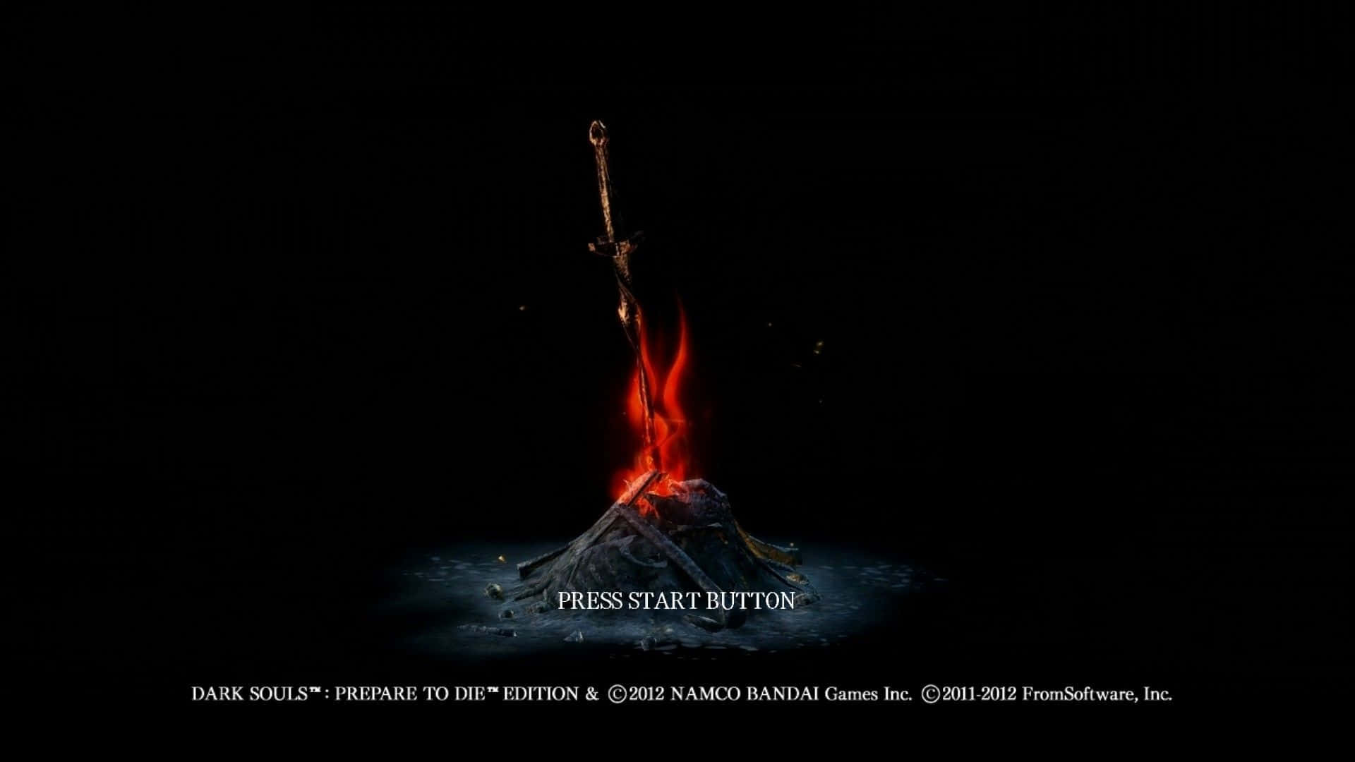 Dark Souls Bonfire 桌布 壁紙 — 一把發光的紅色劍從黑暗的石基座上噴出，背景是黑色虛空，下方有「PRESS START BUTTON」文字。
