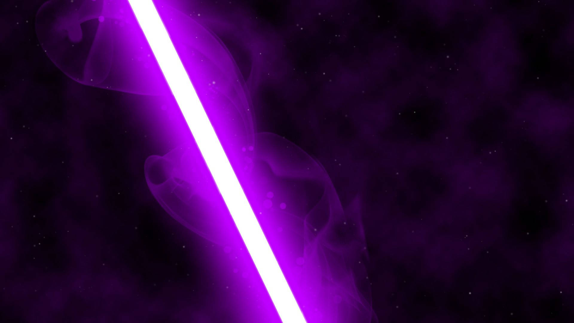 Lightsaber 桌布 壁紙 — 一把發光的紫色光劍劃破旋轉的宇宙煙霧，背景是繁星點點的黑暗太空。