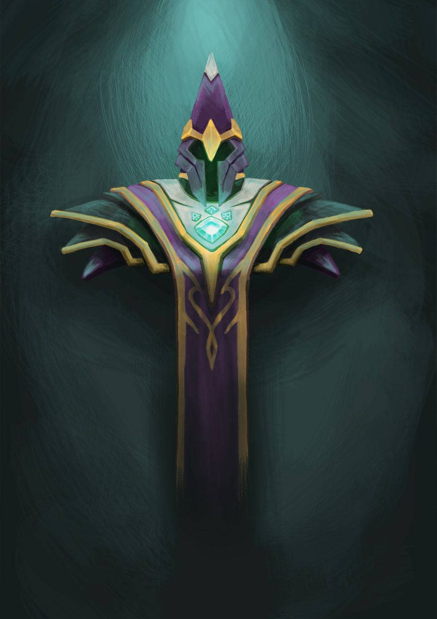 Dota 2 桌布 壁紙 — 一把發光的紫色和金色華麗劍，帶有水晶劍柄和閃耀的綠色寶石，立在深藍綠色背景前。