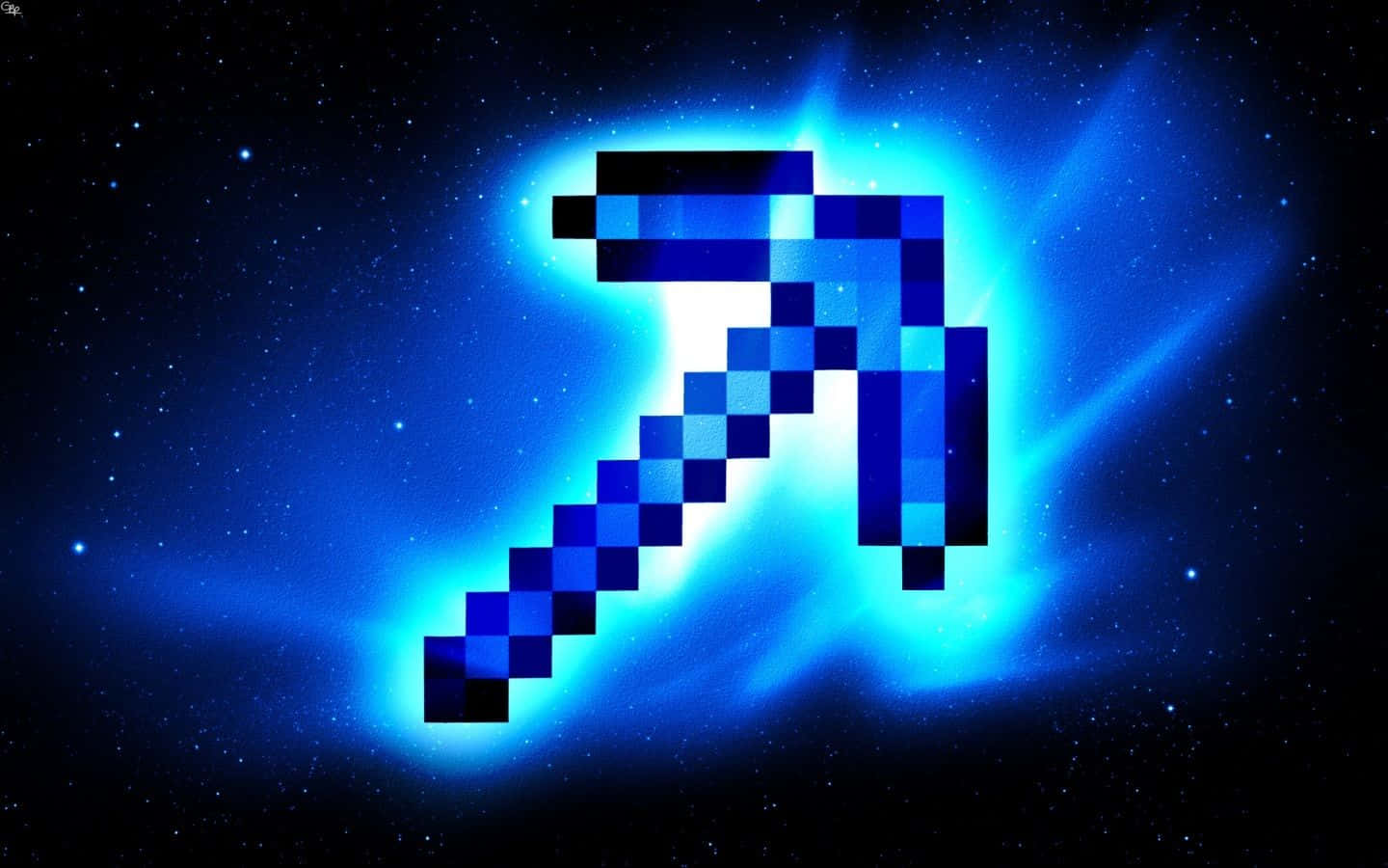 可愛 Minecraft 桌布 壁紙 — 一把發光的藍色像素鎬在星空宇宙背景下散發光芒。