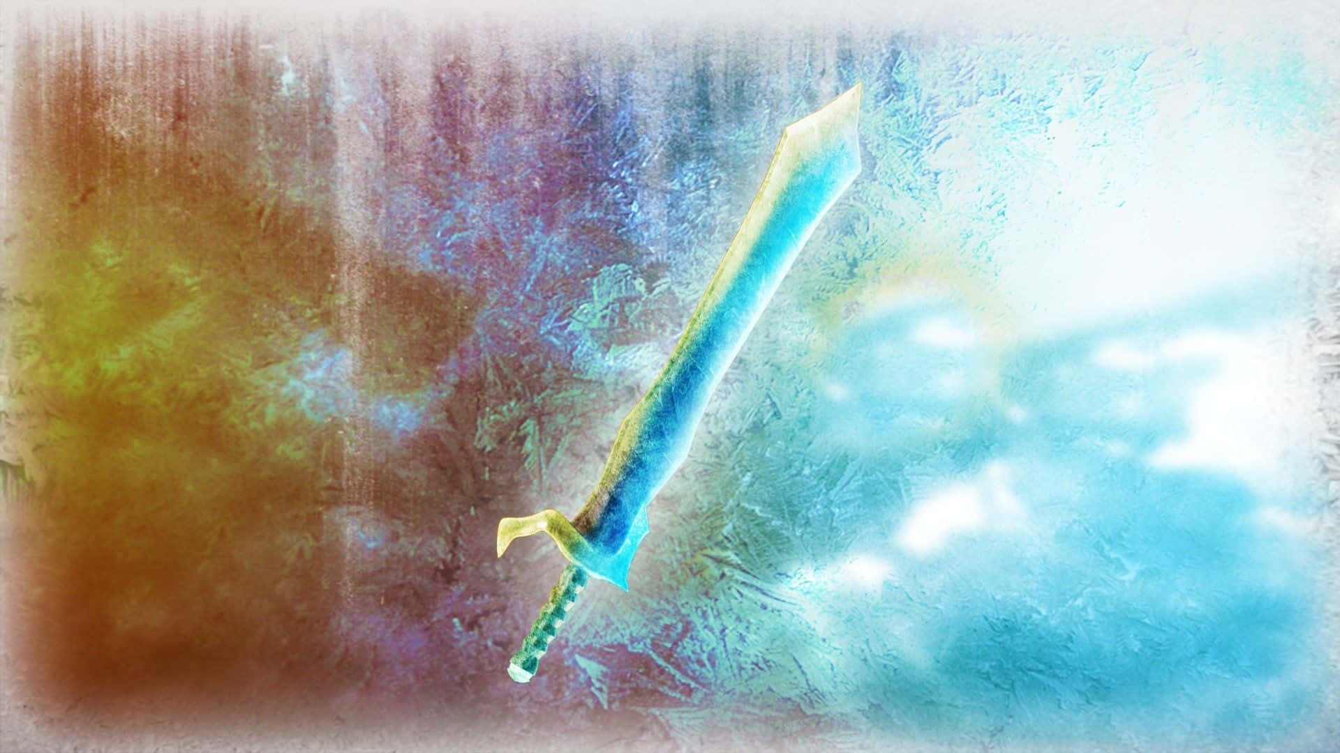 sword 桌布 壁紙 — 一把發光的藍色劍，帶有金色劍柄，漂浮在溫暖棕色和冷藍色的紋理背景上。