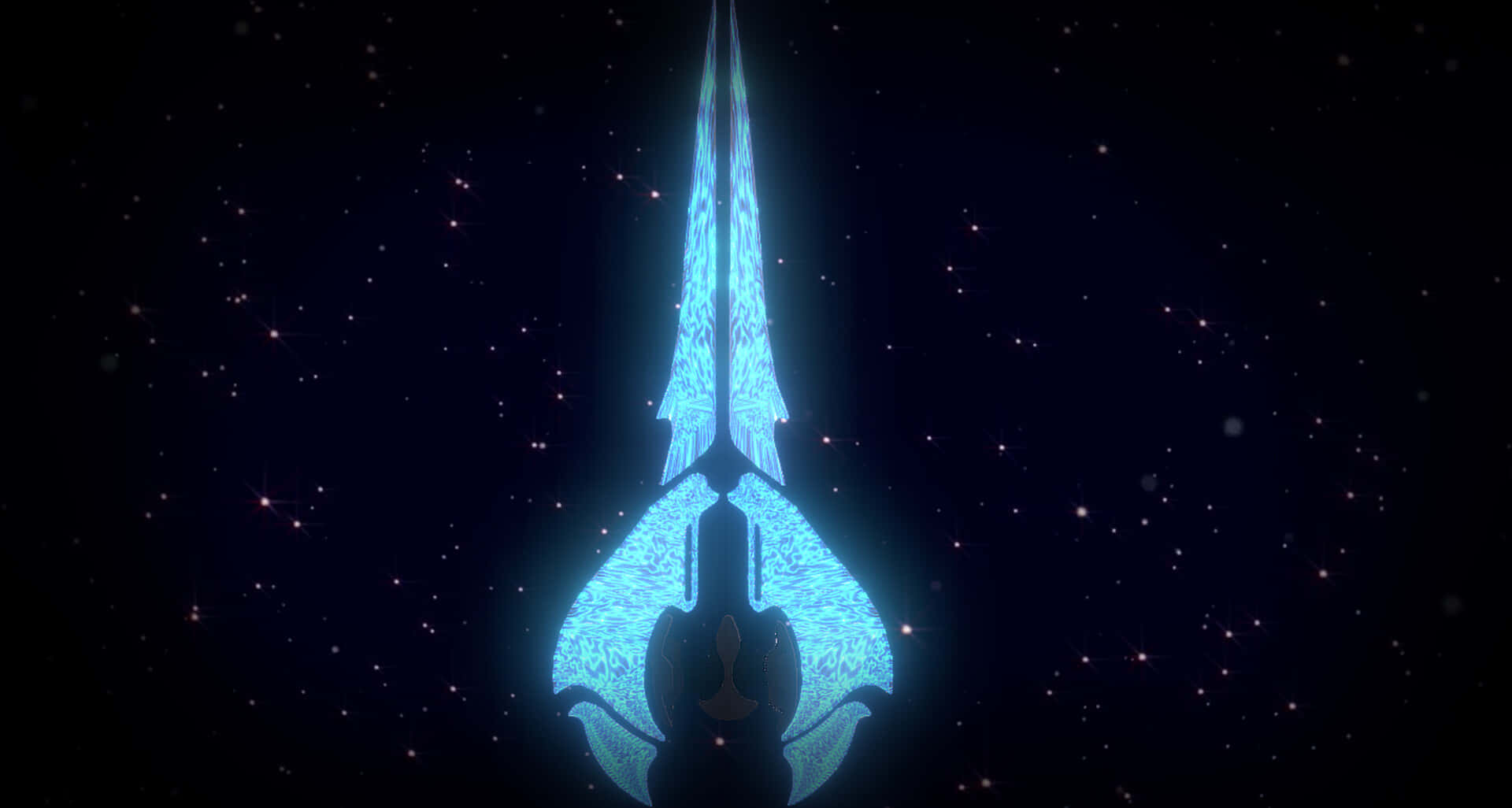 Halo Energy Sword 桌布 壁紙 — 一把發光的藍色華麗劍懸浮在星空宇宙虛空中，劍刃散發出複雜的圖案。