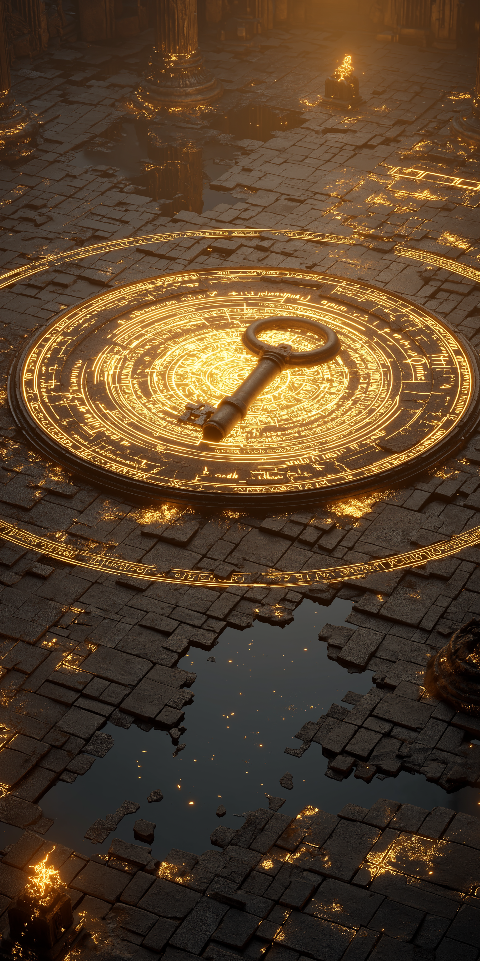 enchanted 桌布 壁紙 — 一把發光的金色鑰匙放在一個精緻的圓形石板上，石板嵌在裂開的黑曜石地板中，周圍散落著餘燼。