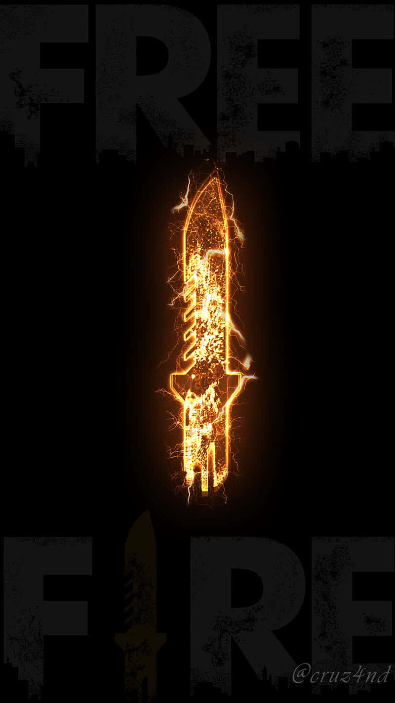 火焰動畫 桌布 壁紙 — 一把發光的電刀在黑暗背景上以FREE FIRE字樣框住，脈動著熾熱的能量。