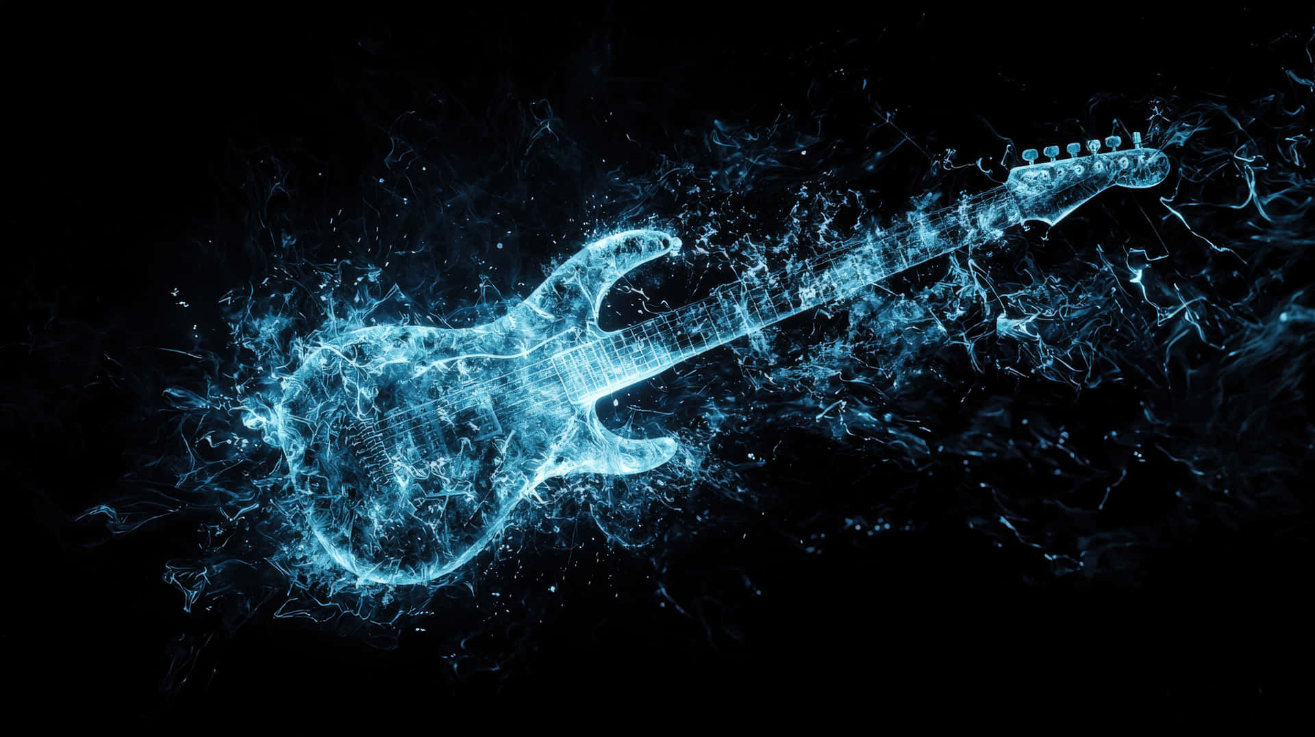 Futuristic Electric Guitar Made of Glowing Energy 壁紙 — 一把發光的電吉他從旋轉的藍色能量中浮現，背景為黑色。