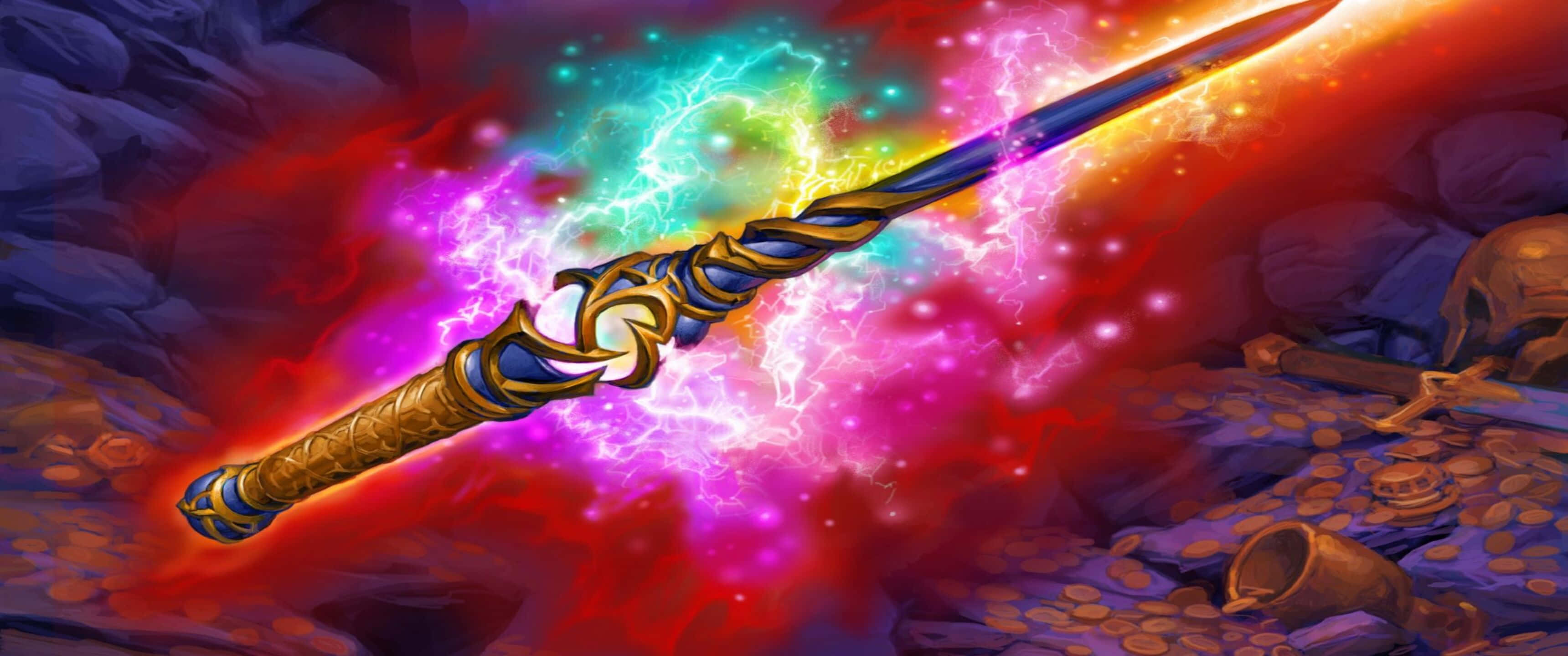 3440x1440p Hearthstone 桌布 壁紙 — 一把發光的魔法劍在充滿古代文物的神秘洞穴中散發出充滿活力的能量。