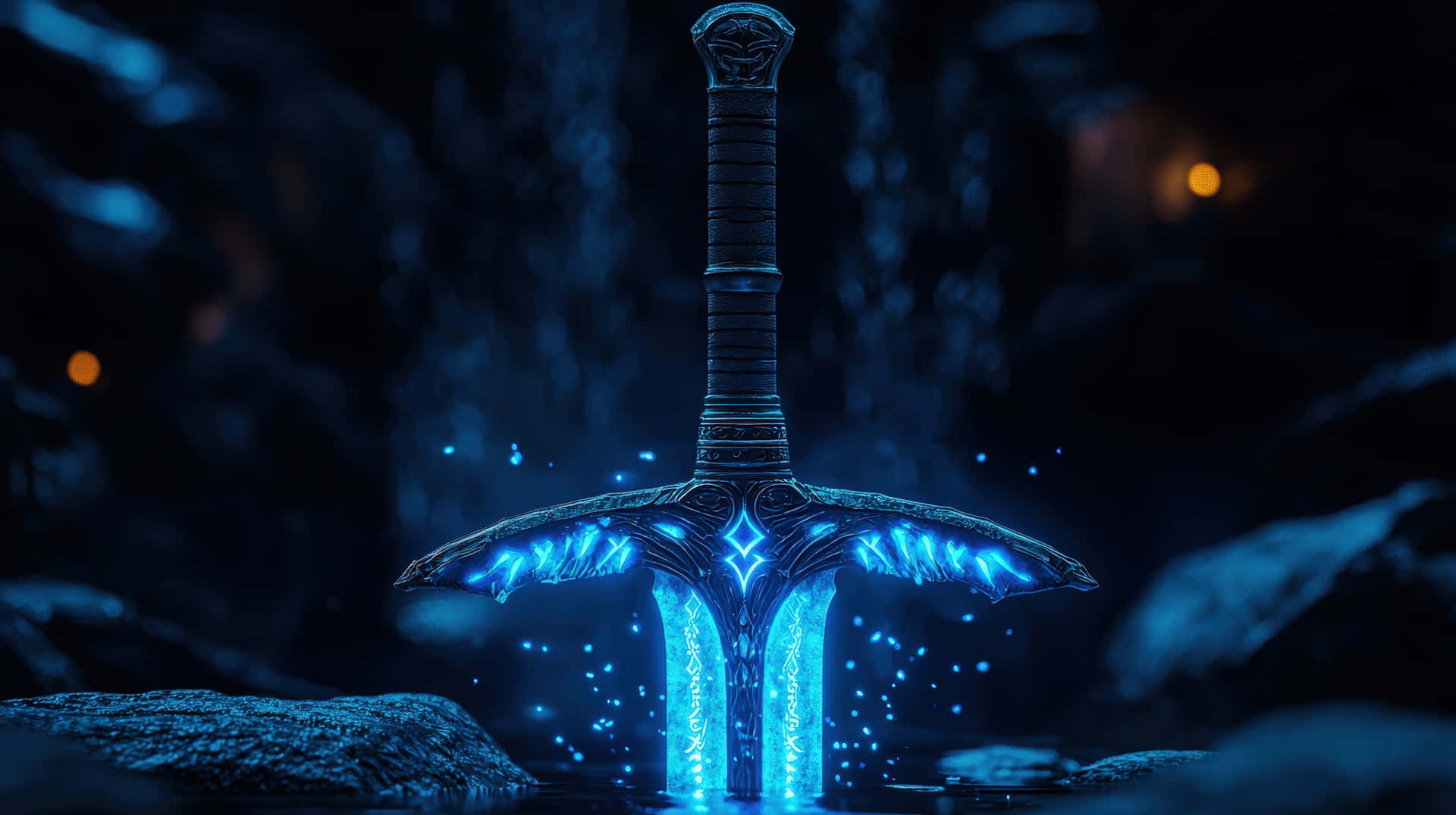 Legendary Fantasy Sword with Glowing Blue Magic in a Dark Mystical Cave 壁紙 — 一把發光藍色幻想劍，帶有複雜設計，直立於黑暗水中，周圍有發光粒子與岩石地形。
