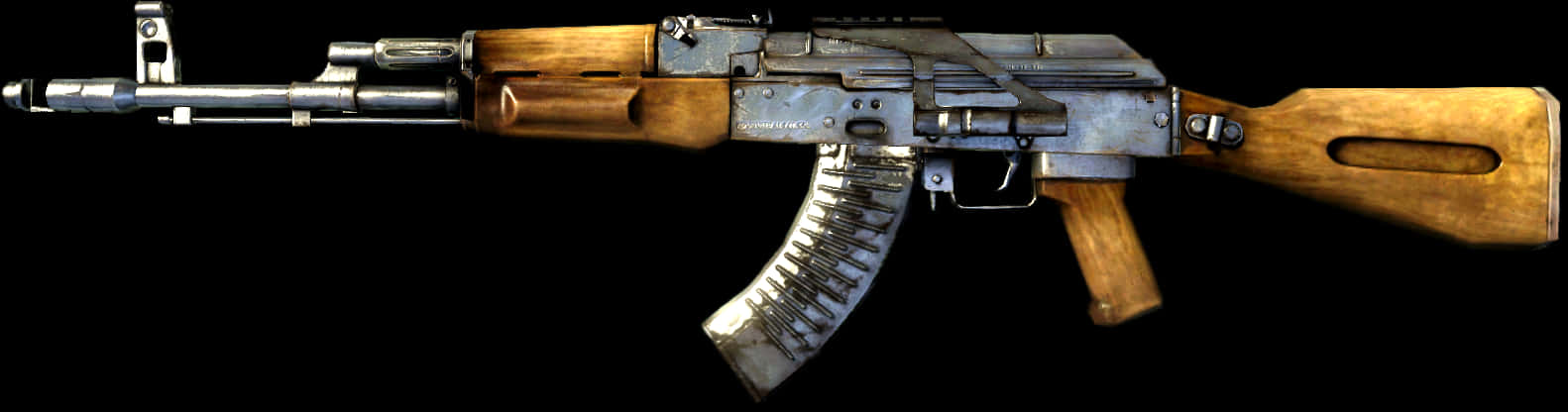 Rifle 桌布 壁紙 — 一把磨損的AK-47步槍，配有木製槍托和金屬部件，在黑色背景上以側面輪廓展示。