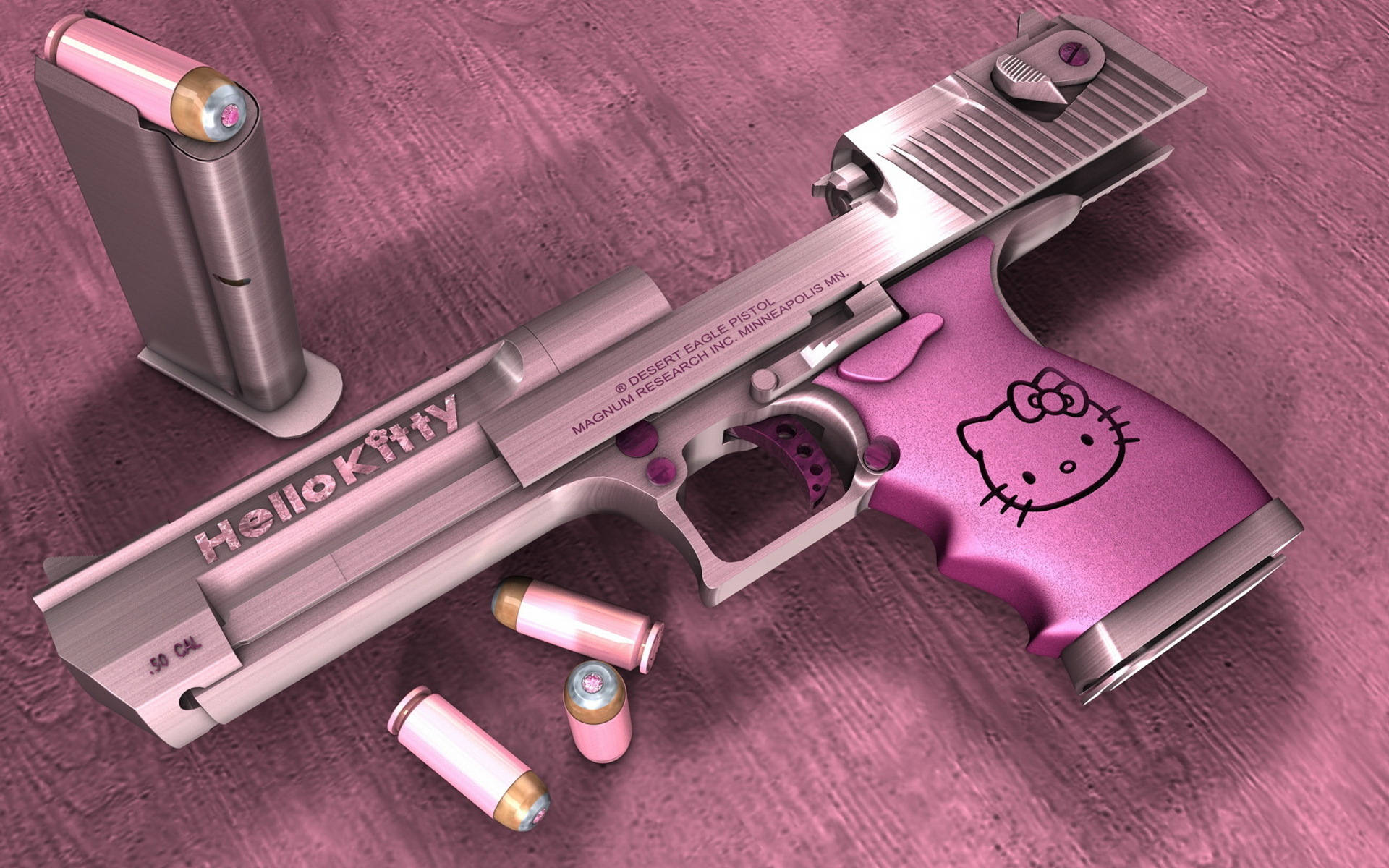 Hello 桌布 壁紙 — 一把粉紅色Hello Kitty品牌的沙漠之鷹手槍及相配的子彈放置在帶紋理的粉紅色表面上。