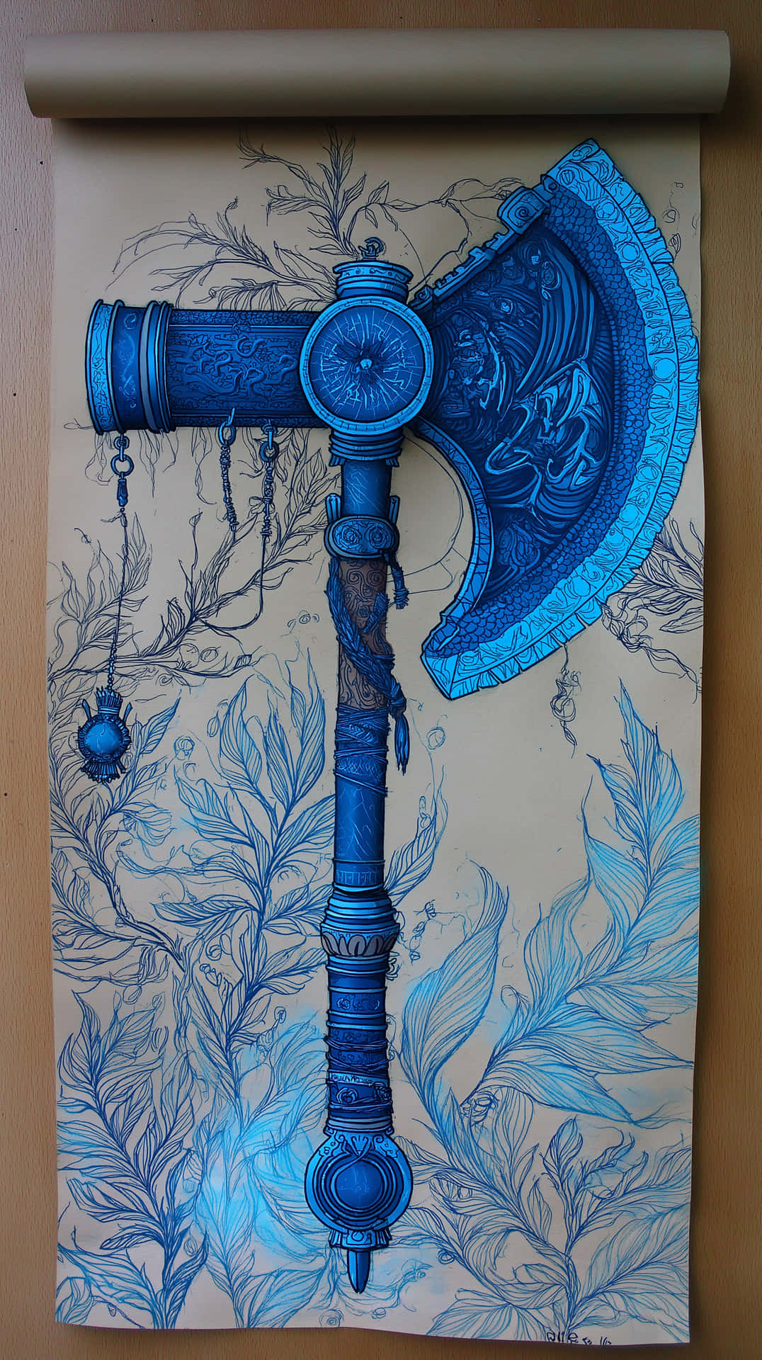 Ornate Fantasy Axe on Textured Scroll, Magical Item Art 壁紙 — 一把精緻的藍色華麗斧頭，帶有複雜雕刻和懸掛的鏈條，放置在羊皮紙上，周圍環繞著精緻的藍色植物素描。