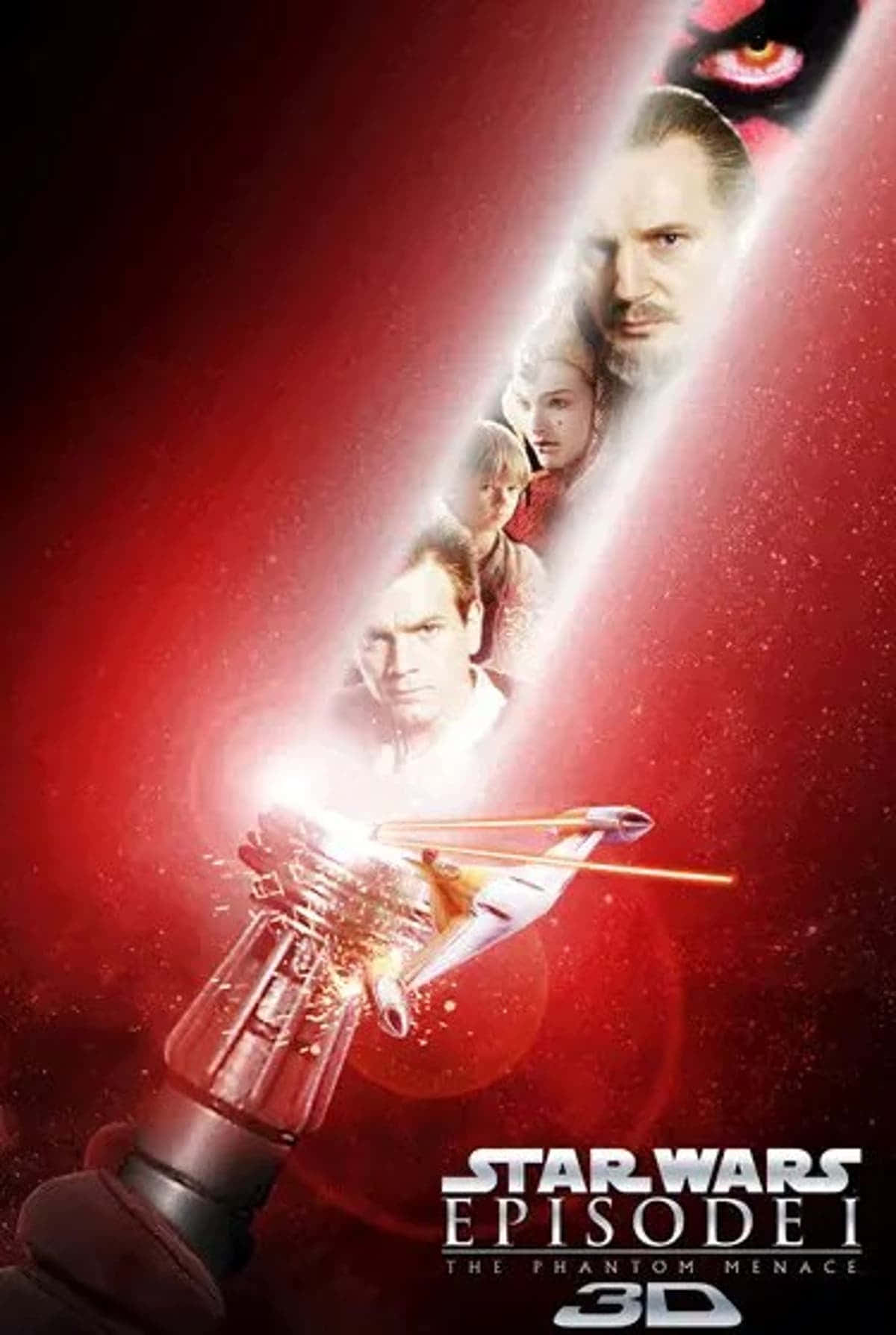 The Phantom Menace 桌布 壁紙 — 一把紅色光劍與星際戰機交鋒，絕地與西斯的面孔在火紅的宇宙背景下隱現。