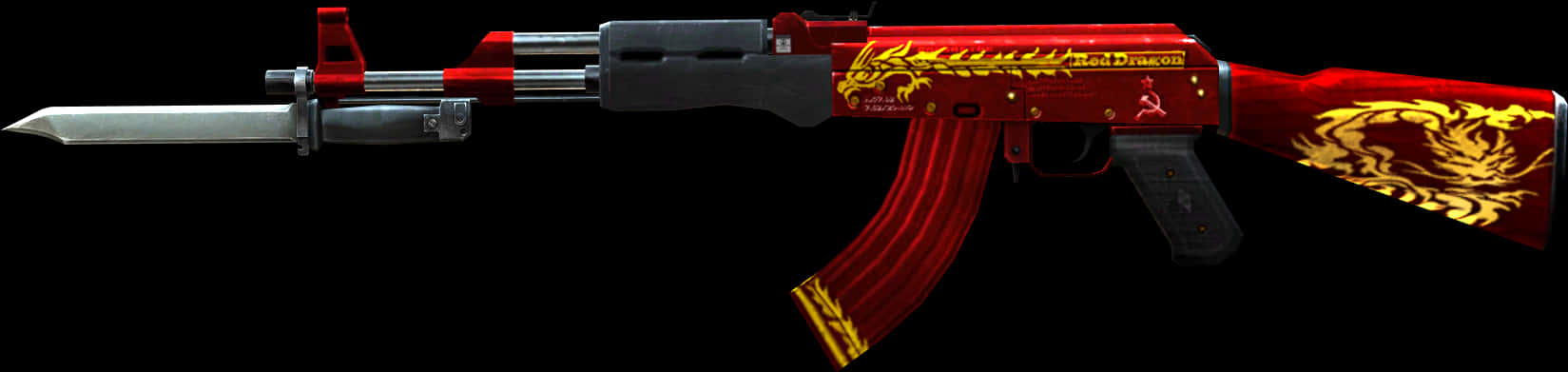 Rifle 桌布 壁紙 — 一把紅色和金色的AK-47步槍，帶有龍圖案和刺刀，背景為黑色。