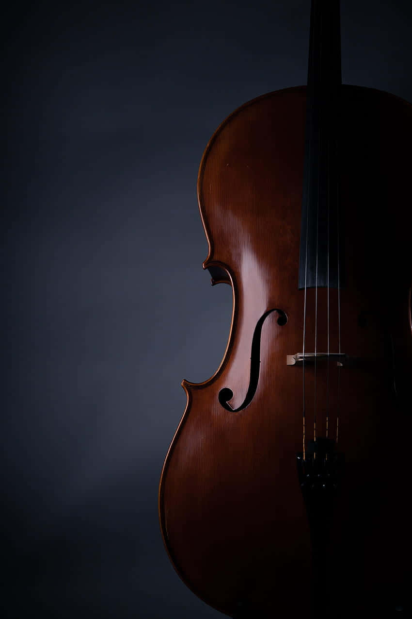 cello 桌布 壁紙 — 一把紋理豐富的大提琴以戲劇性的側面輪廓矗立在深炭灰色背景前，由柔和的方向性光線照亮。