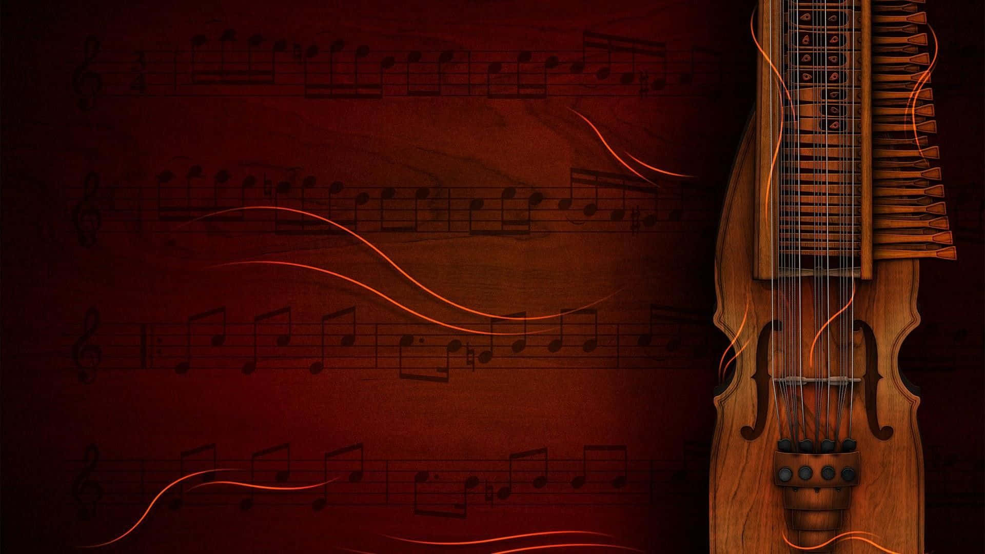 Classical Music 桌布 壁紙 — 一把紋理豐富的木豎琴，立在深紅色背景前，背景充滿流動的音符和發光的橙色線條。
