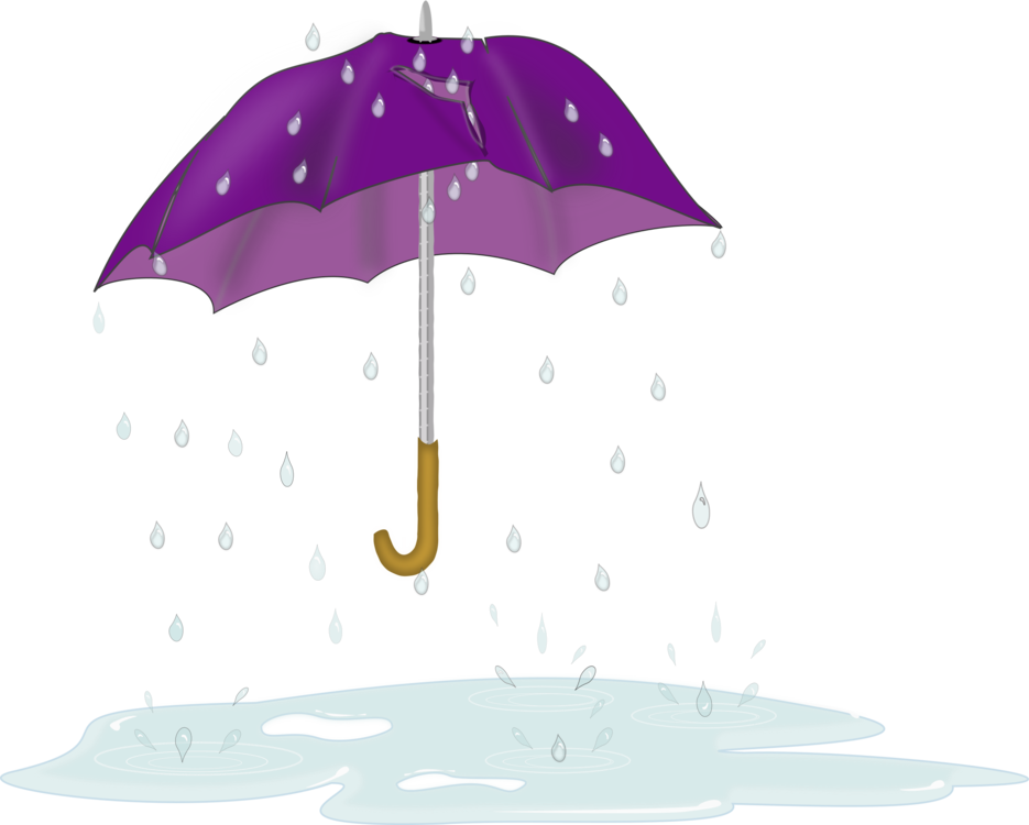 Clip Art 桌布 壁紙 — 一把紫色雨傘配金色手柄，保護著落在有漣漪水坑上的雨滴。