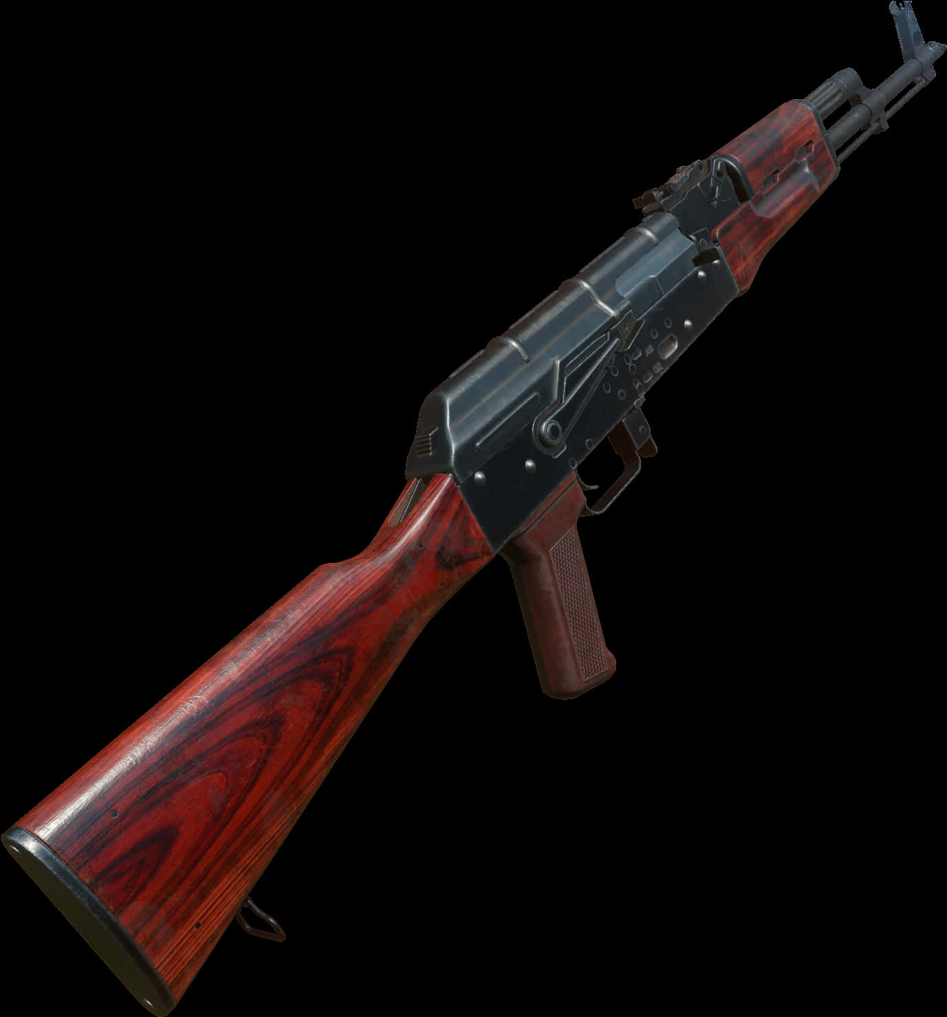 Weapons 桌布 壁紙 — 一把細節豐富的AK-47步槍，帶有拋光紅木槍托和金屬部件，在純黑色背景上孤立展示。