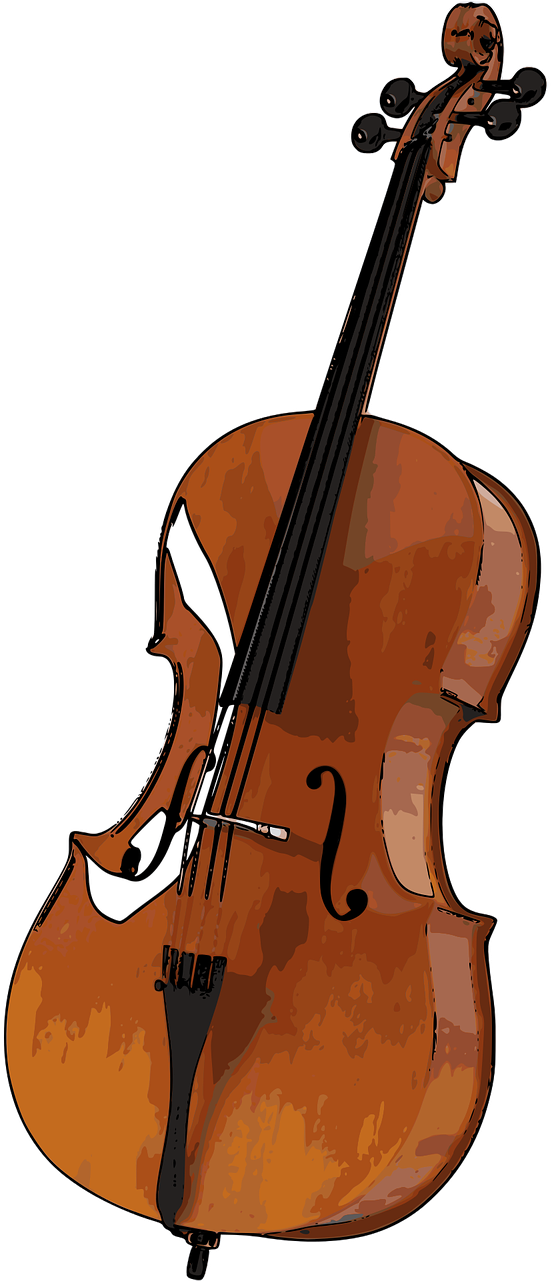 cello 桌布 壁紙 — 一把細節豐富的大提琴，帶有溫暖琥珀色木紋和黑色琴弦，孤立地矗立在純黑背景前。