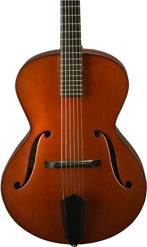 cello 桌布 壁紙 — 一把細節豐富的拱頂吉他，帶有溫暖琥珀色木紋飾面和黑色F孔，居中放置在純黑色背景前。