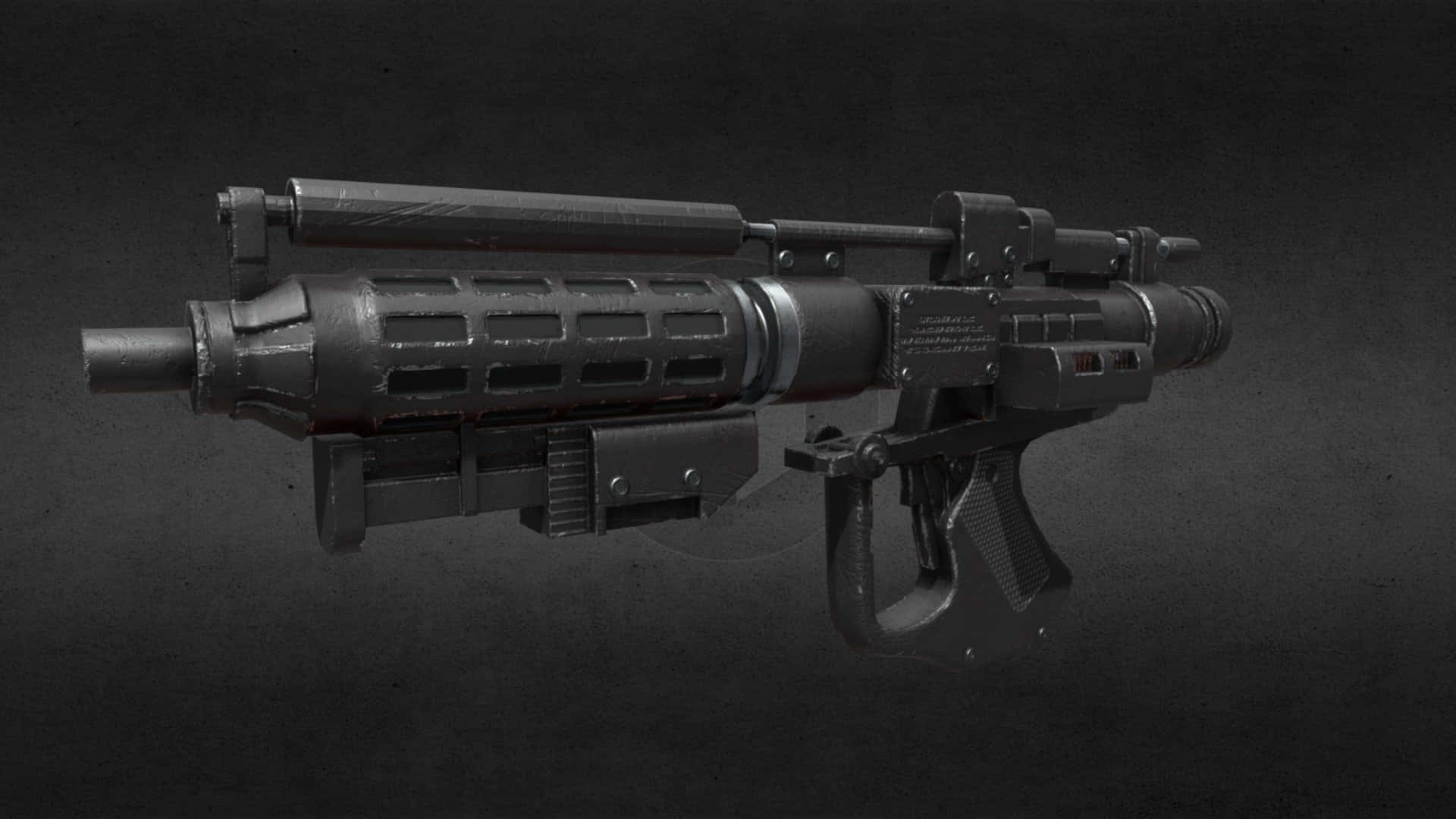 Blaster Rifles 桌布 壁紙 — 一把細節豐富的未來主義黑色科幻爆能槍，帶有紋理握把和發光紅色點綴，背景為深色漸變。