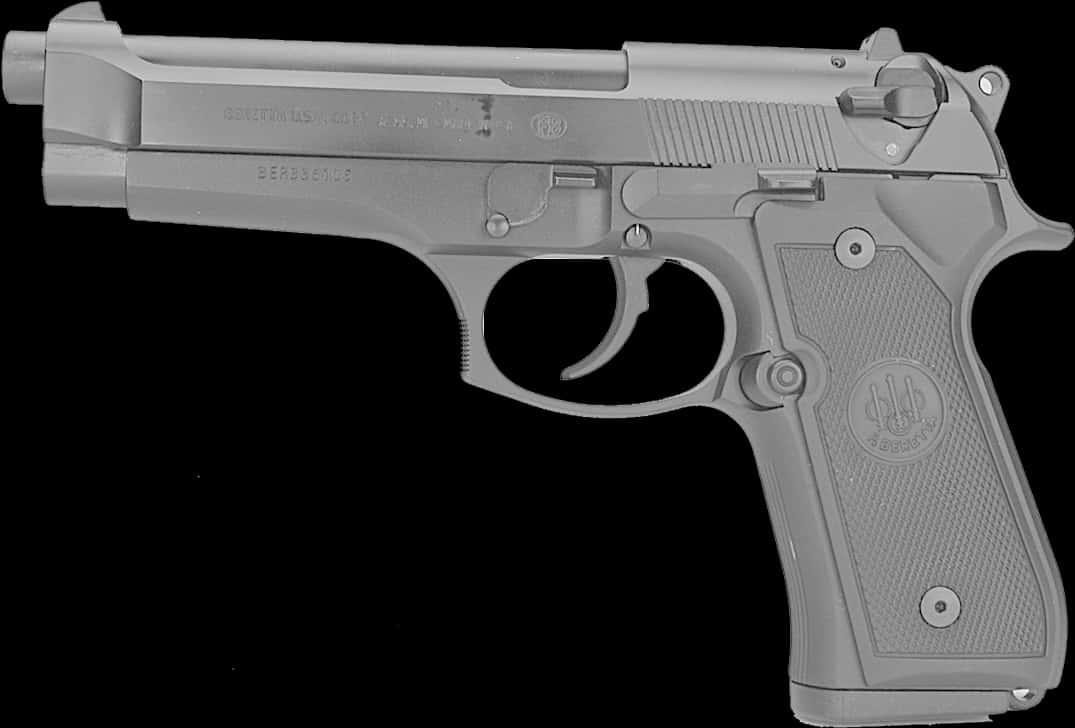 Weapons 桌布 壁紙 — 一把細節豐富的灰階手槍，帶有紋理握把和雕刻標記，孤立地立在純黑色背景上。