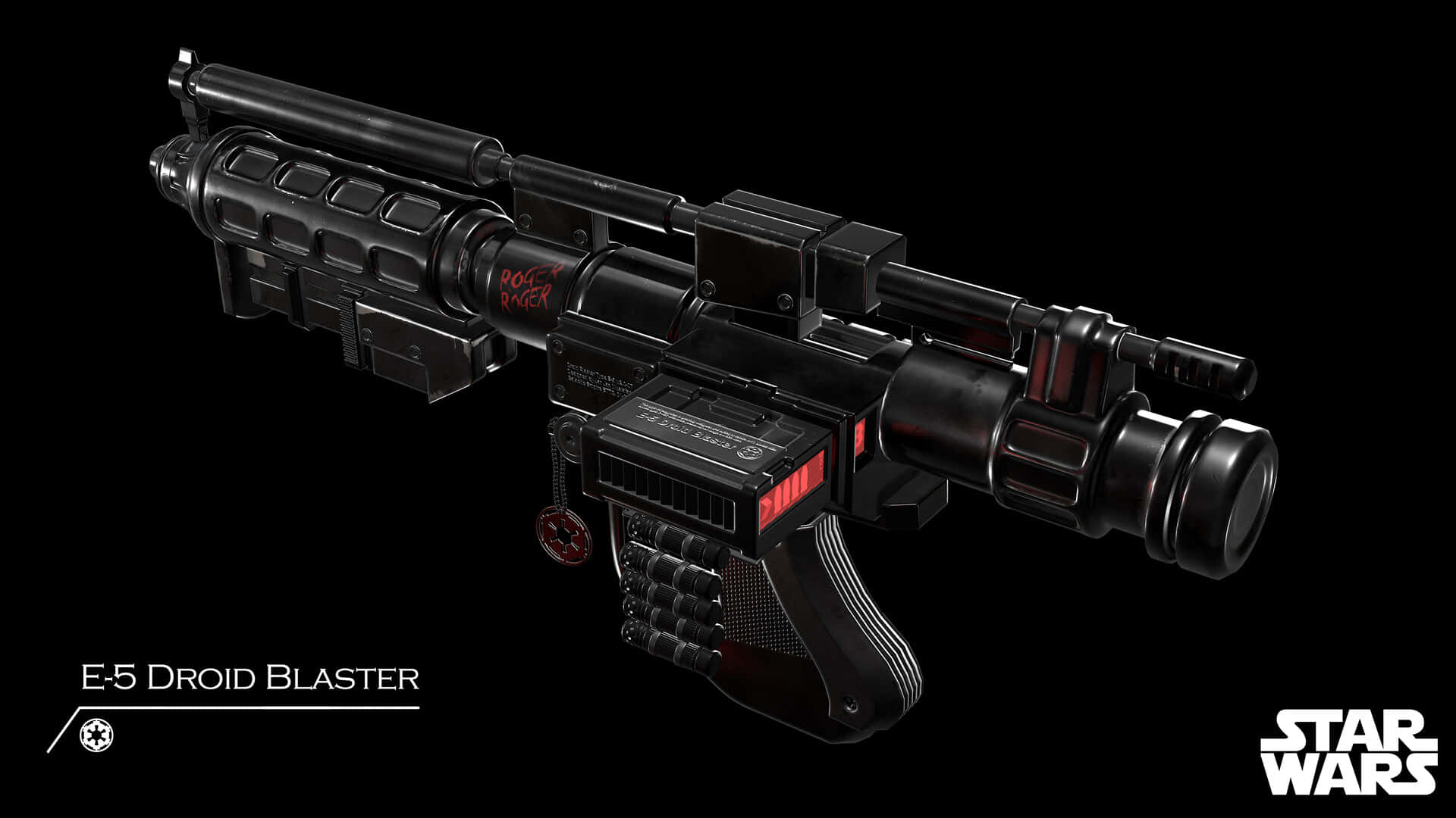 Blaster Rifles 桌布 壁紙 — 一把細節豐富的黑色E-5機器人爆能槍，帶有紅色發光點綴和「ROGUE ONE」塗鴉，背景為純黑色。