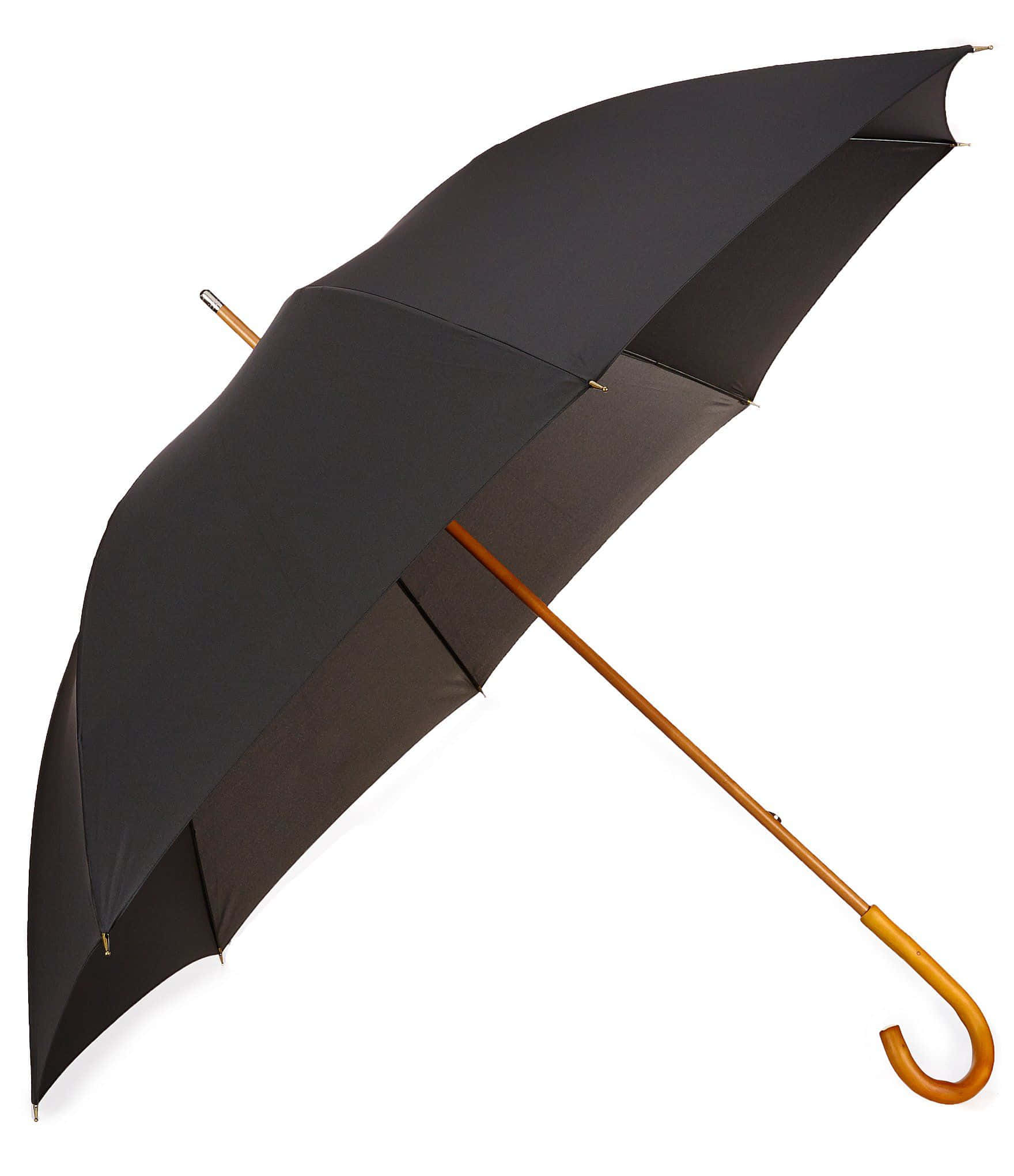 Umbrella 桌布 壁紙 — 一把經典的黑色雨傘，帶有彎曲的木手柄和傘軸，在純白色背景上打開。