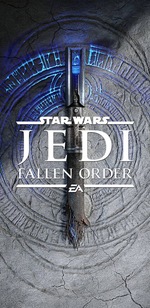 Jedi 桌布 壁紙 — 一把藍色光劍嵌入裂開的石頭中，帶有發光的藍色能量和Star Wars Jedi Fallen Order文字。